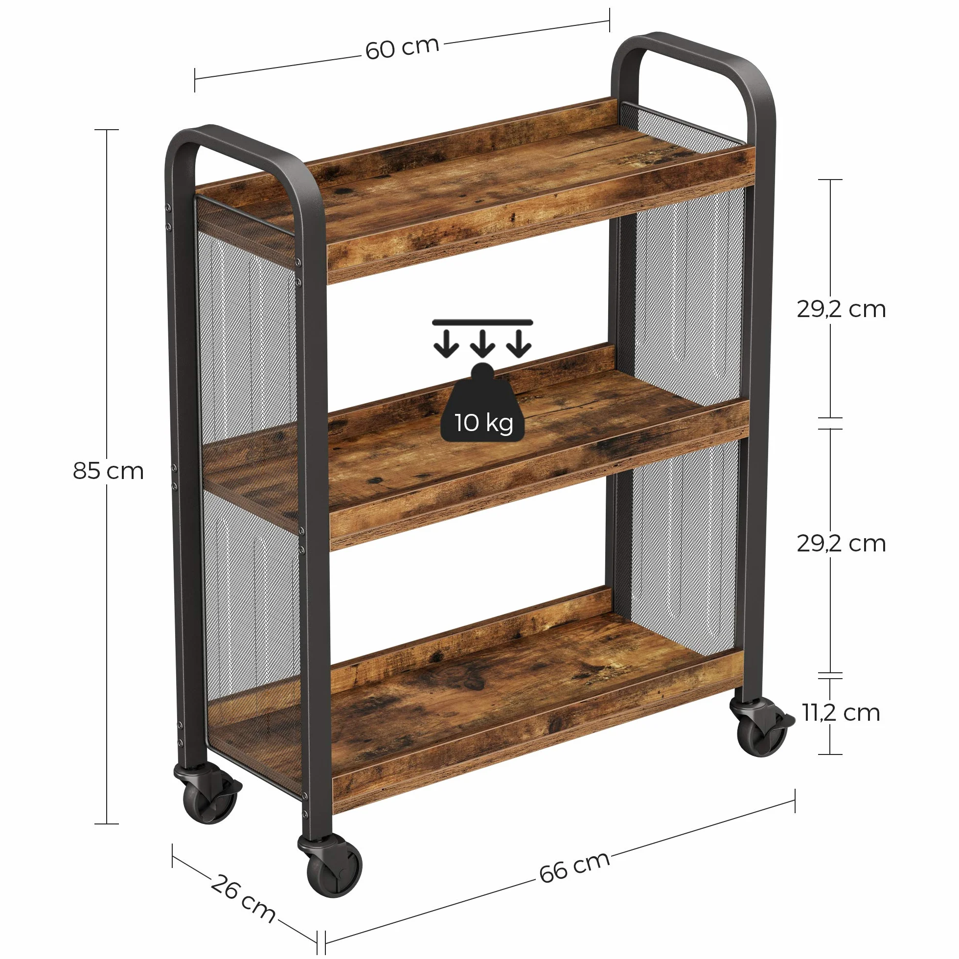 VASAGLE wózek do serwowania, oszczędzający miejsce wózek kuchenny z uniwersalnymi kółkami, półka kuchenna z regulowanymi nóżkami, solidna metalowa rama, 66 x 26 x 85 cm, wzornictwo przemysłowe, vintage brązowo-czarny LRC66BX