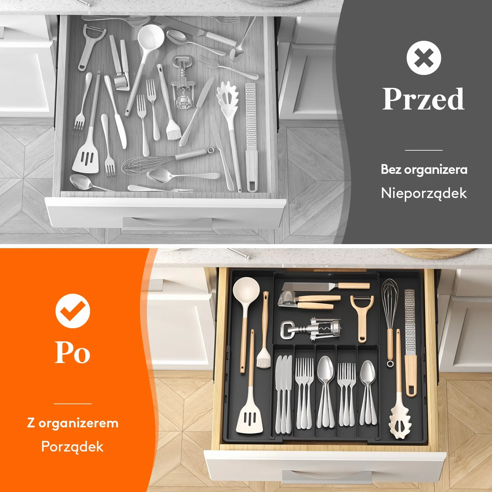 Lifewit Organizer na sztućce do szuflady, regulowany, 5-8 przegródek, szer. 30,5-52 cm, plastikowy