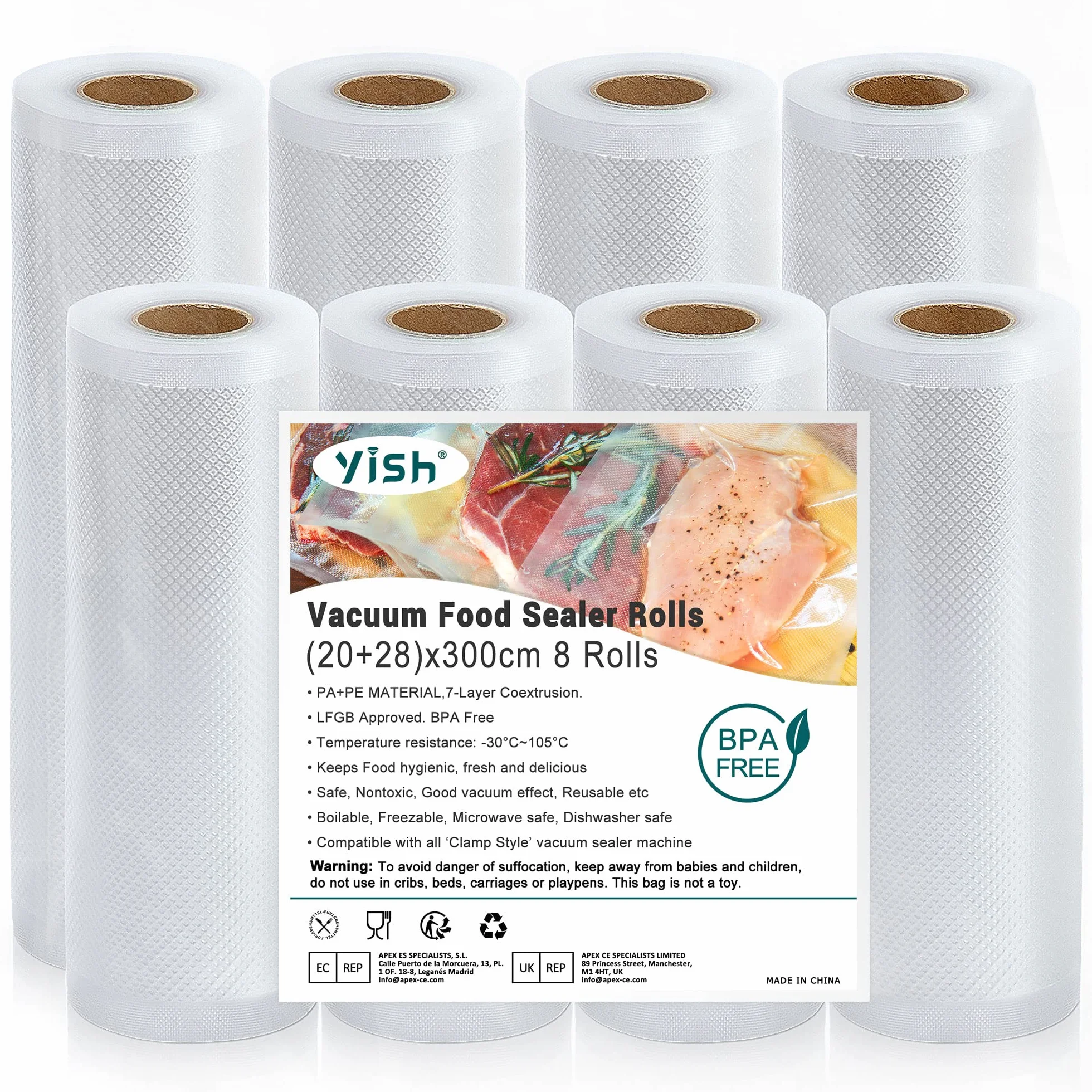 Worki próżniowe, folia próżniowa, worki próżniowe do żywności, rolki folii próżniowej: YISH bez BPA, worki próżniowe do rolek folii Sous Vide, 8 rolek folii 20/28 x 300 cm