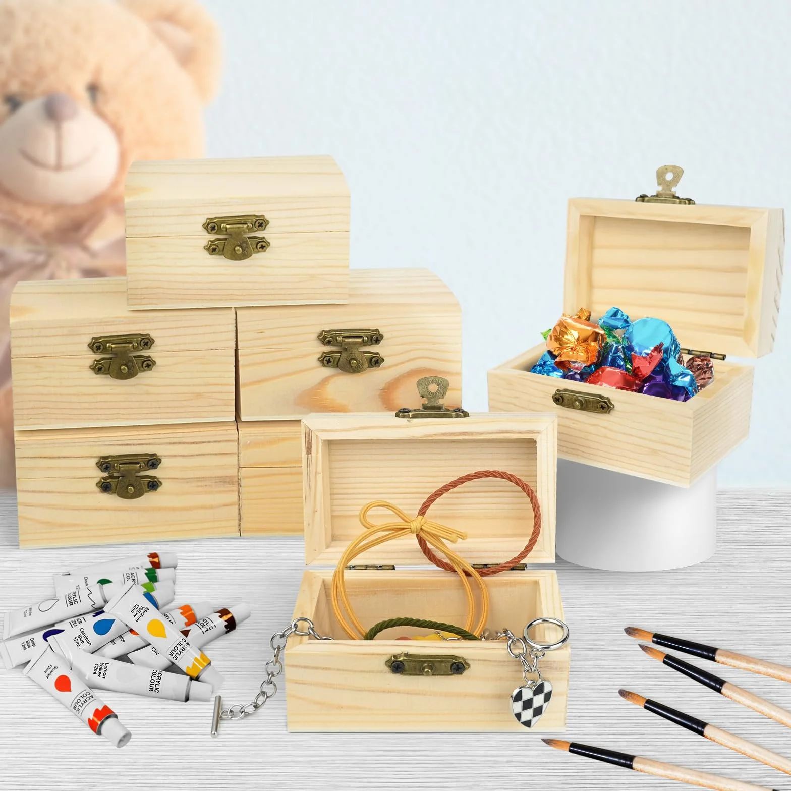10 sztuk, małe, niedokończone drewniane pudełko na skarby (9 x 5 x 4,5 cm), mini drewniana skrzynka na skarby z zamknięciem, do rzemiosła artystycznego i na imprezę