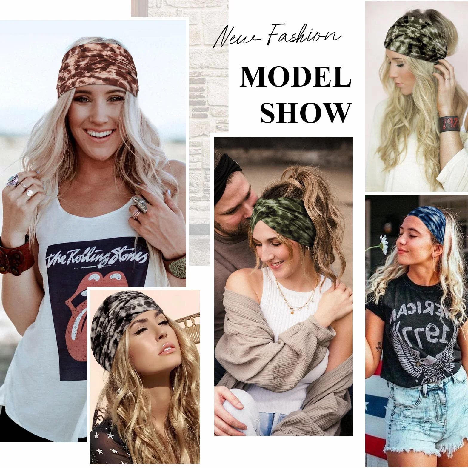 Kavya Opaska na Głowę Damska, Bandana Print, 4 Sztuki, 10 cm Szerokości, Elastyczna, Boho Style, do Jogi i Sportu (Niebieski, brązowy, szary, zielony)