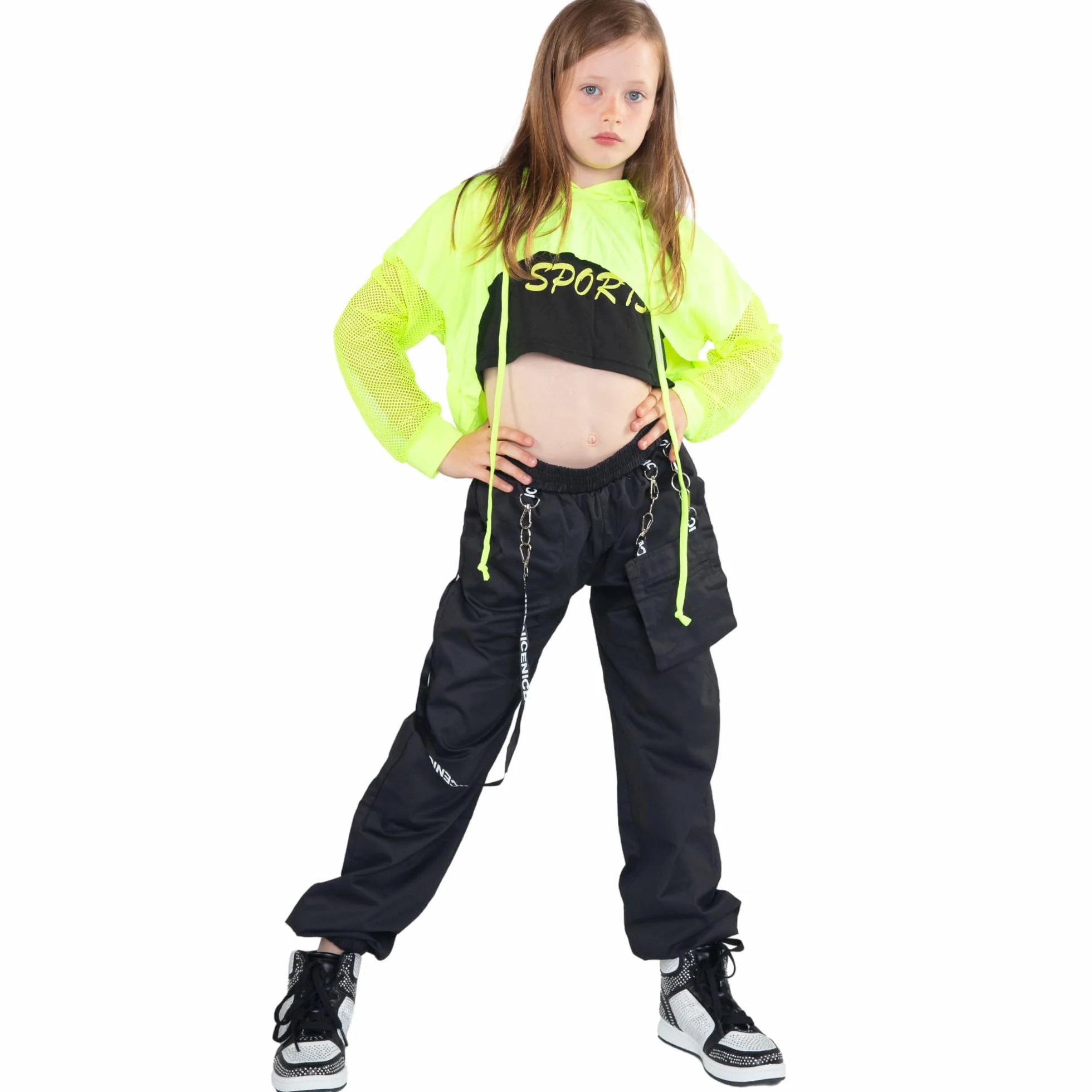 Barielle 10011 Trójczęściowy/dwuczęściowy strój hip-hopowy dla dzieci, bluza z kapturem z rękawami z siatki, spodnie cargo z łańcuszkiem, bez brzucha bluza z kapturem do tańca, 134-176