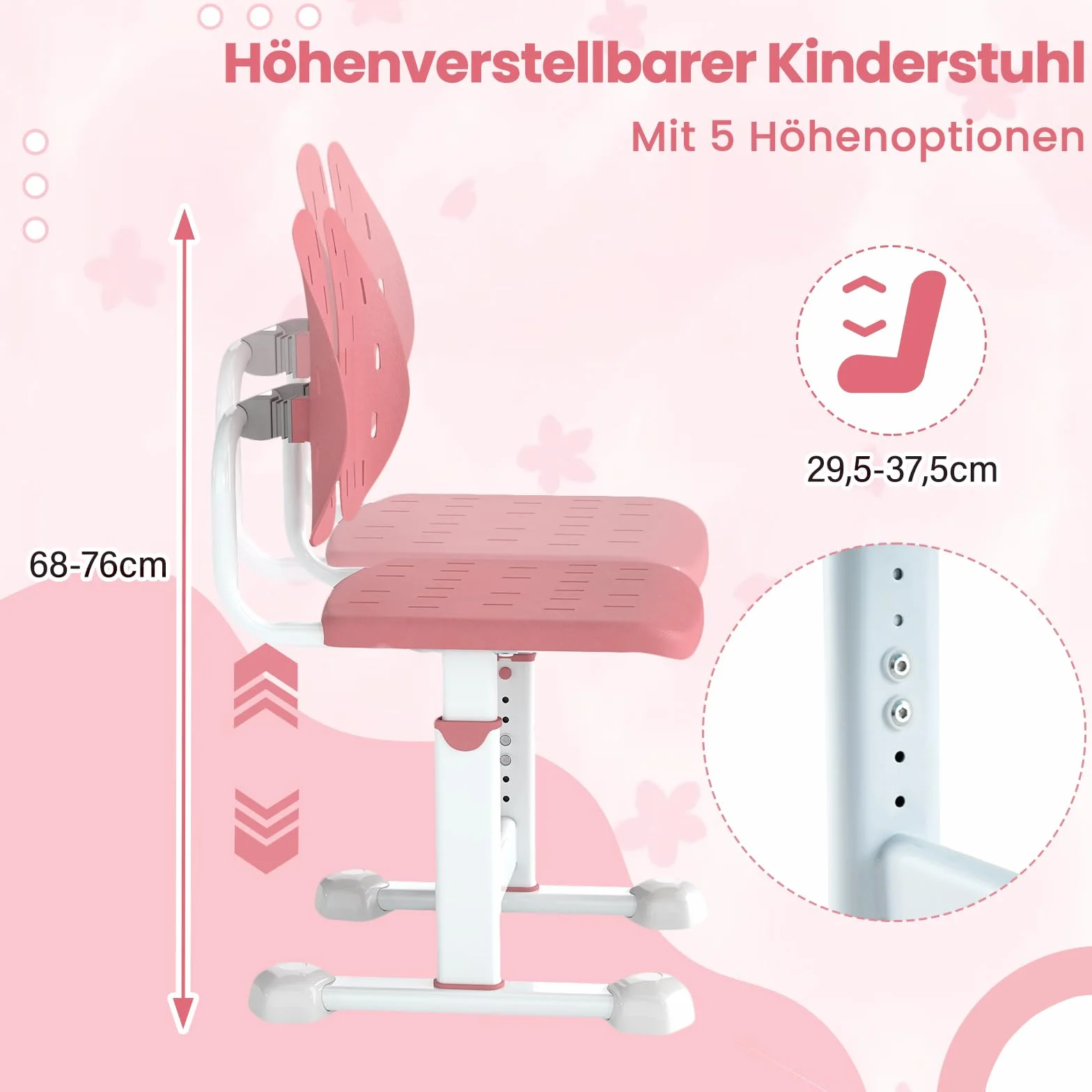 COSTWAY Krzesło biurowe dla dzieci z regulacją wysokości 29,5-37,5 cm podwójne oparcie bez kółek różowe