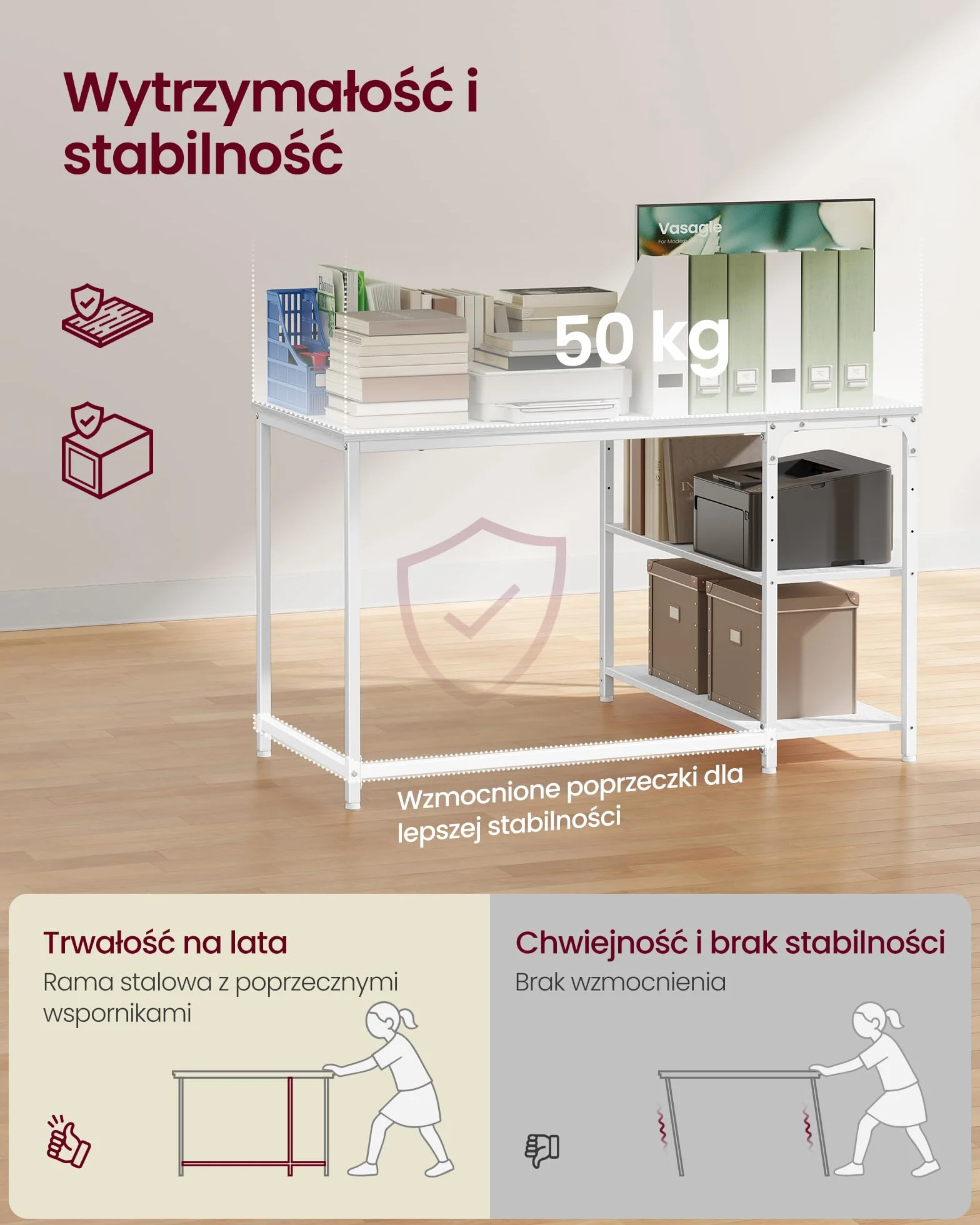 VASAGLE Biurko narożne w kształcie litery L 110 x 80 cm klon biały LWD135WF01