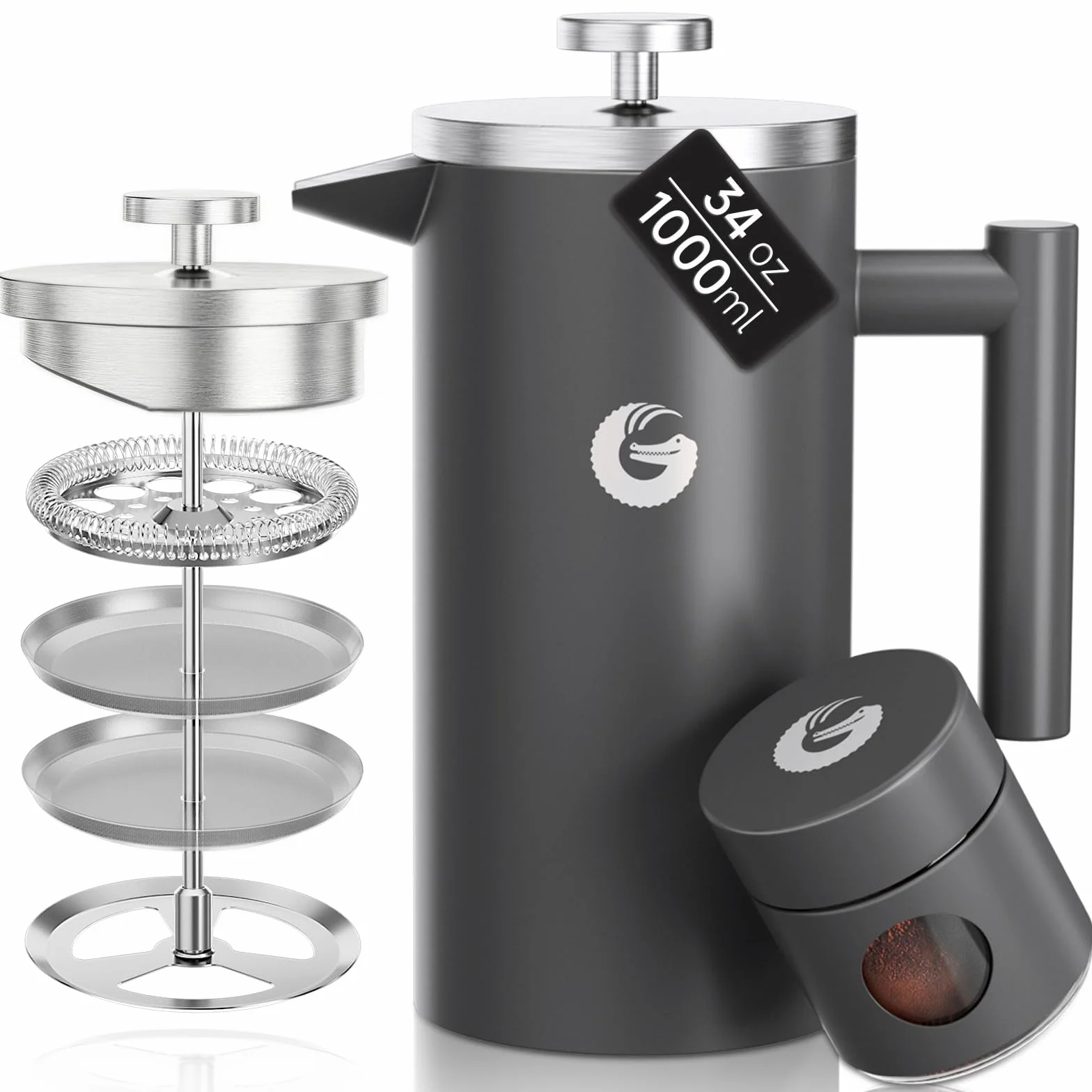 Coffee Gator Cafetiere French Press plus mini pojemnik na słoiki, izolowana prasa do kawy z podwójnymi ściankami z filtrem ze stali nierdzewnej, zaparzacz do herbaty na gorąco i zimno, 1 litr (4-8