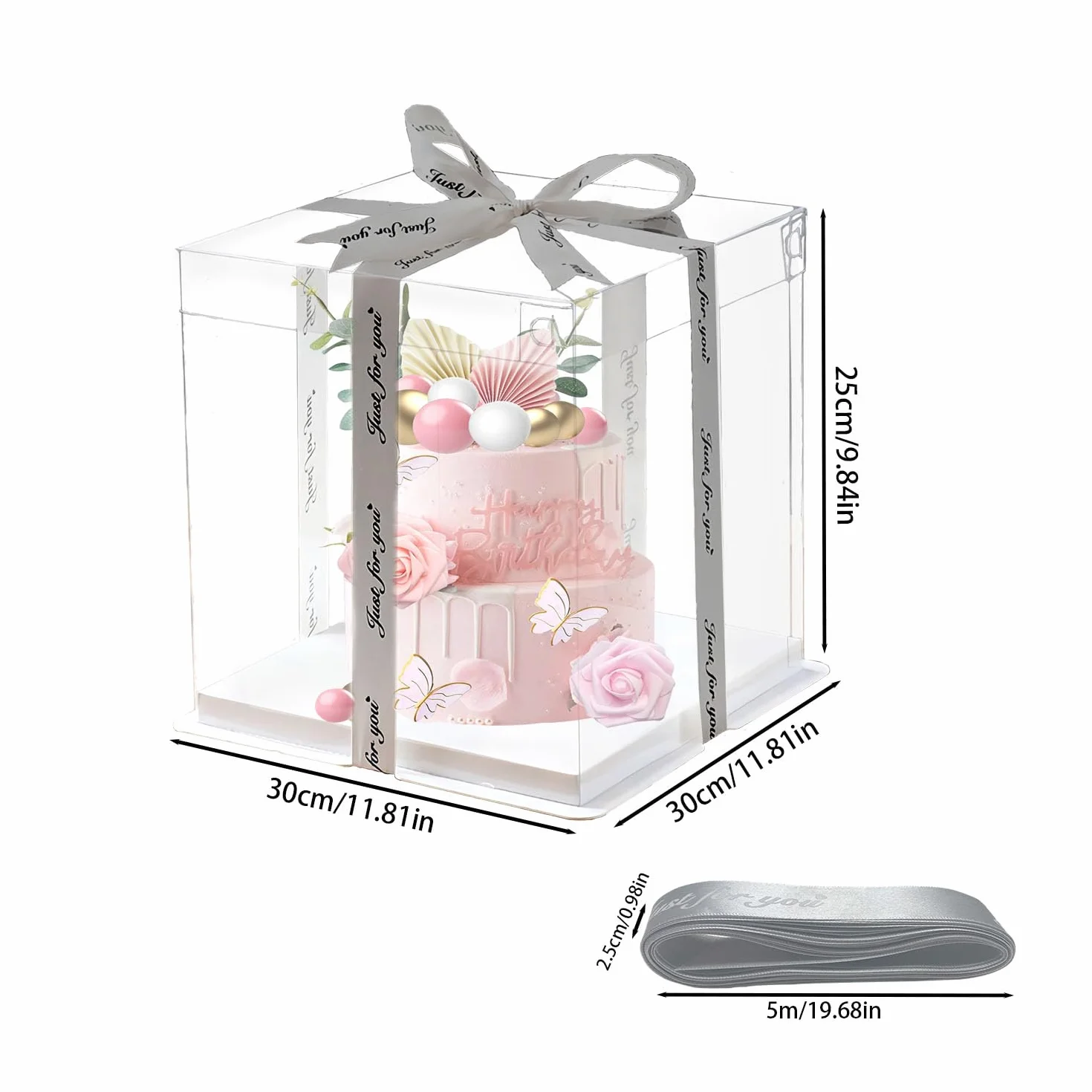 Pudełka na tort 30x30x25 cm przezroczyste z cokołem i wstążką