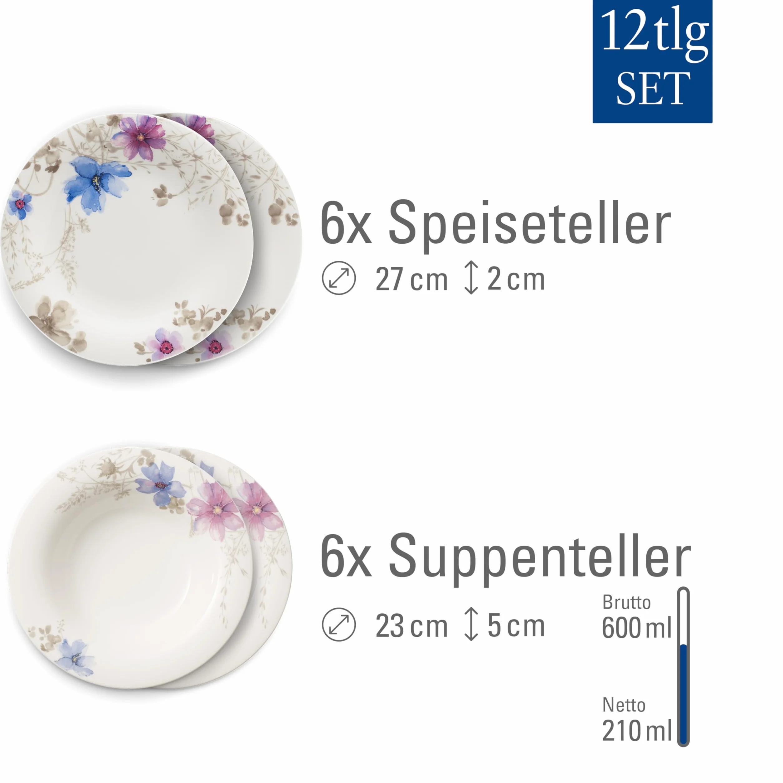 Villeroy & Boch Mariefleur Gris Basic Zestaw Obiadowy, Wielokolorowy, 12 sztuk