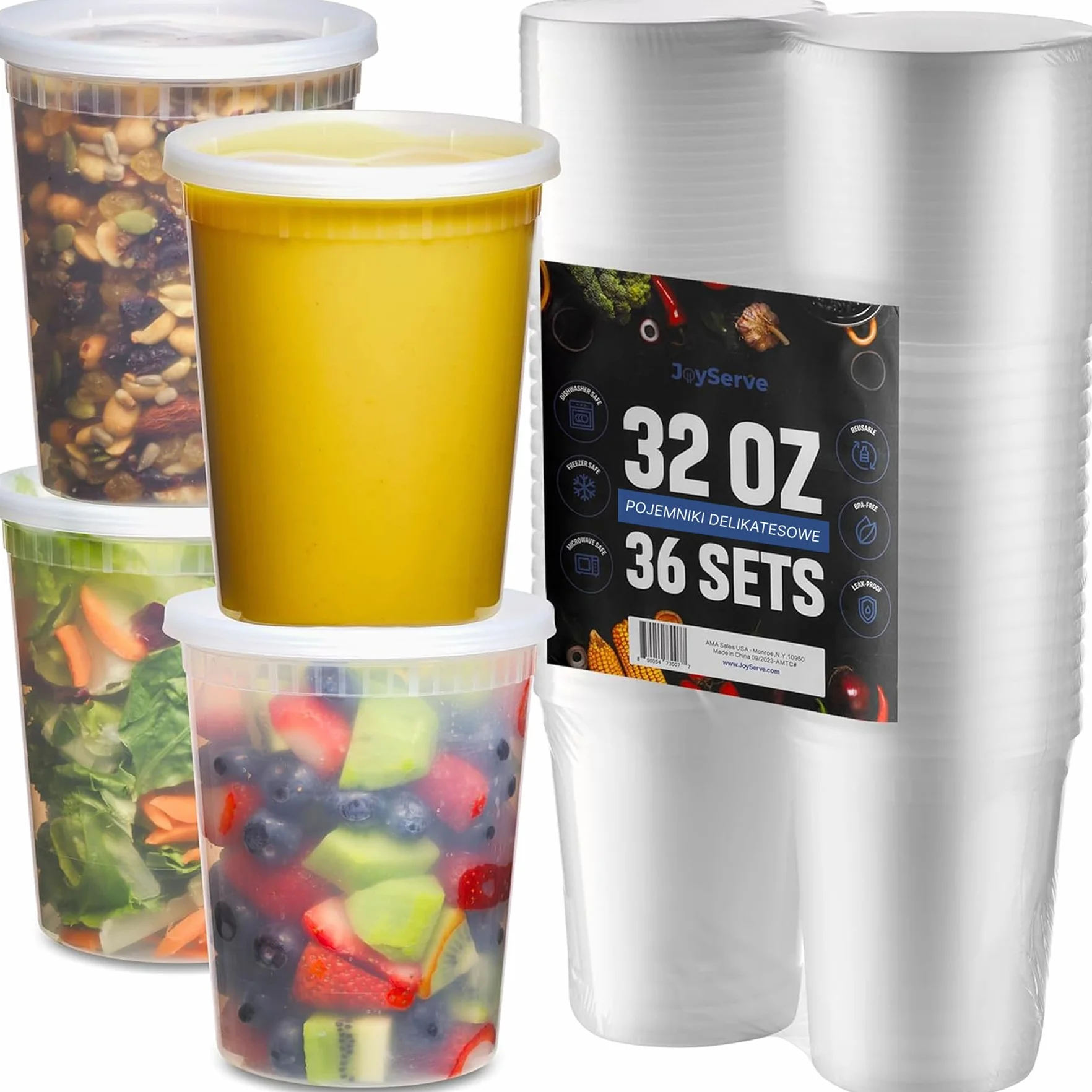 JoyServe 946,3 ml pojemniki na żywność (36 zestawów) – hermetyczne, BPA-free, 1 L z pokrywkami, do dań na wynos, meal prep, zup, mycie w zmywarce i użycie w mikrofalówce