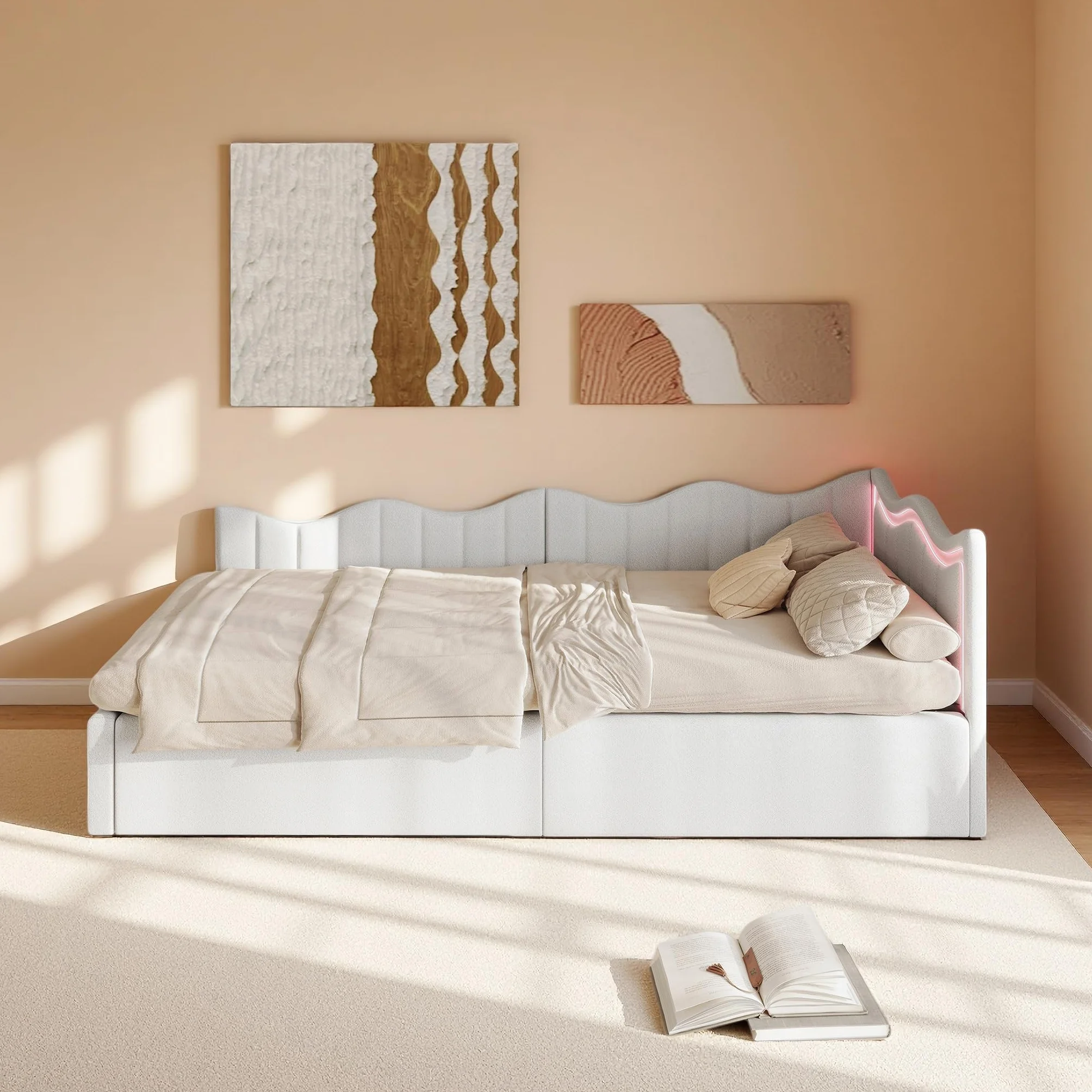 Łóżko 90 x 200 z hydraulicznym miejscem do przechowywania, sofa łóżko ze światłem LED, tapicerowane łóżka z łóżkiem na listwach, łóżka dla dzieci 90 x 200 z zagłówkiem, aksamitne Teddy, białe