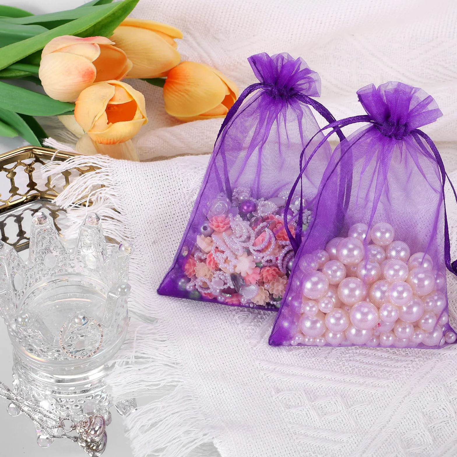 100 szt. Worki z organzy 10×15 cm, Pudełeczka Prezentowe, Biżuteria, Konfetti, Upominki Ślubne, Torebki na Imprezę, Festiwal i Wesele, Satynowy Sznurek, Rękodzieło