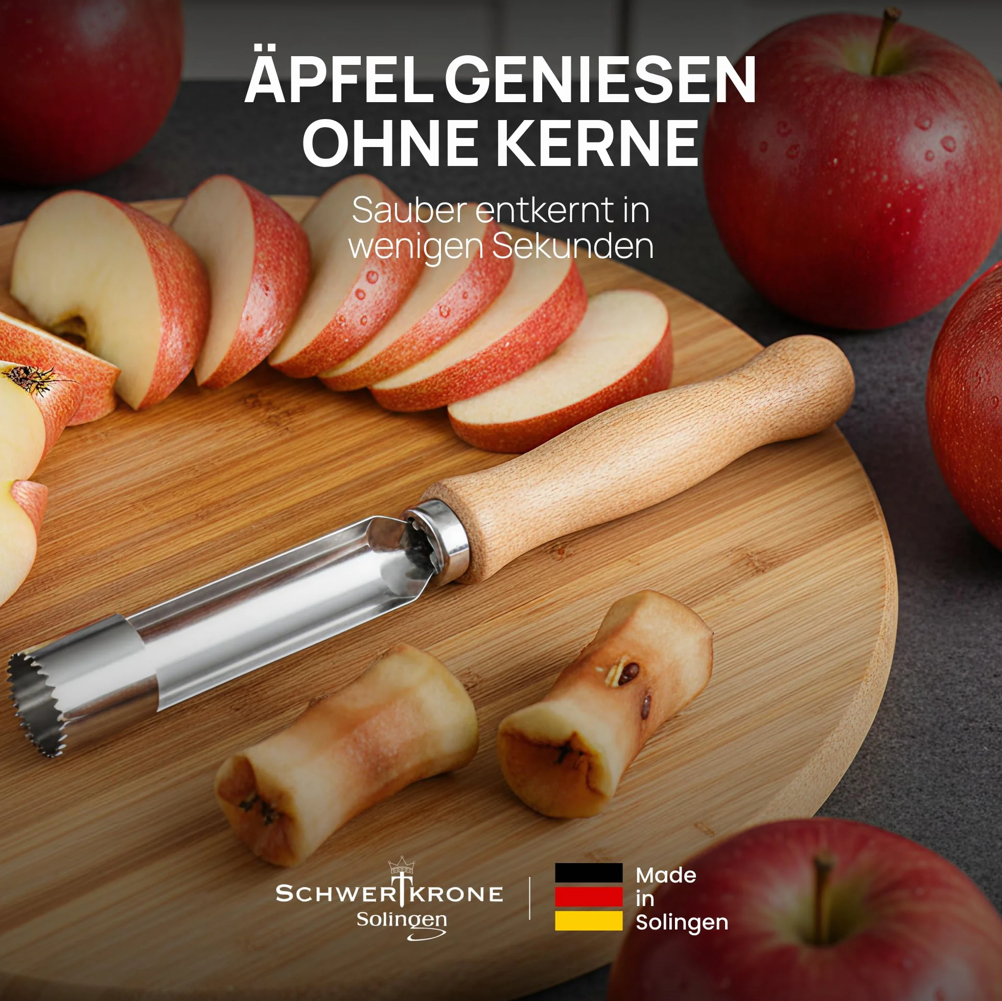 SCHWERTKRONE® Solingen Drylownica do jabłek ze stali nierdzewnej drewniany uchwyt Made in Germany