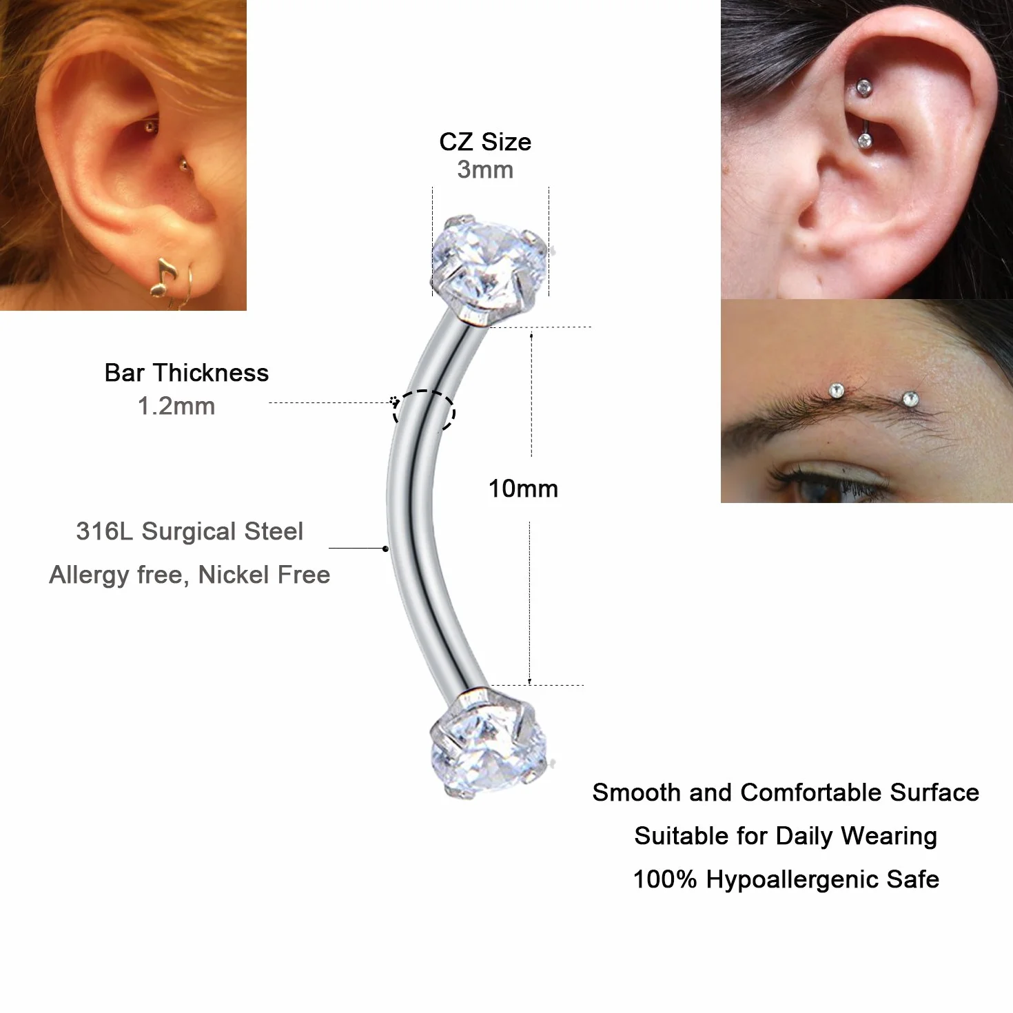 MODRSA Rook Kolczyk ze stali nierdzewnej 16G zakrzywiony kolczyk sztanga warga brwi brzuch pierścienie helix tragus stokrotka kolczyki piercing wieża piercing biżuteria
