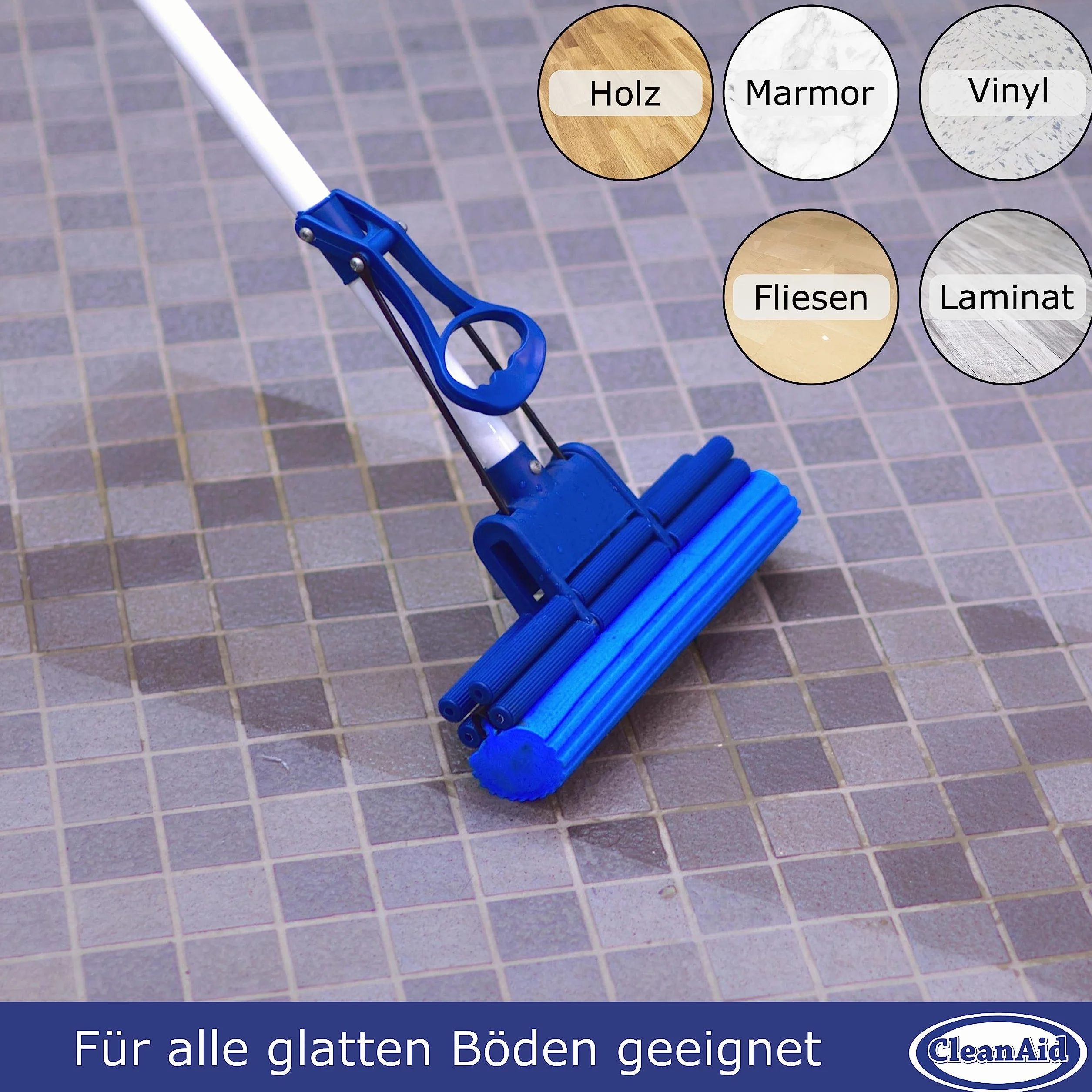 OneTouch Easy Mop Podłogowy - Mop z Gąbki do Podłóg z Teleskopową Rączką, Wbudowaną Wyciskarką i Wysoce Chłonną Gąbką PVA - Mop Gąbkowy do Czyszczenia Podłóg w Kuchni, Łazience i w Całym Domu