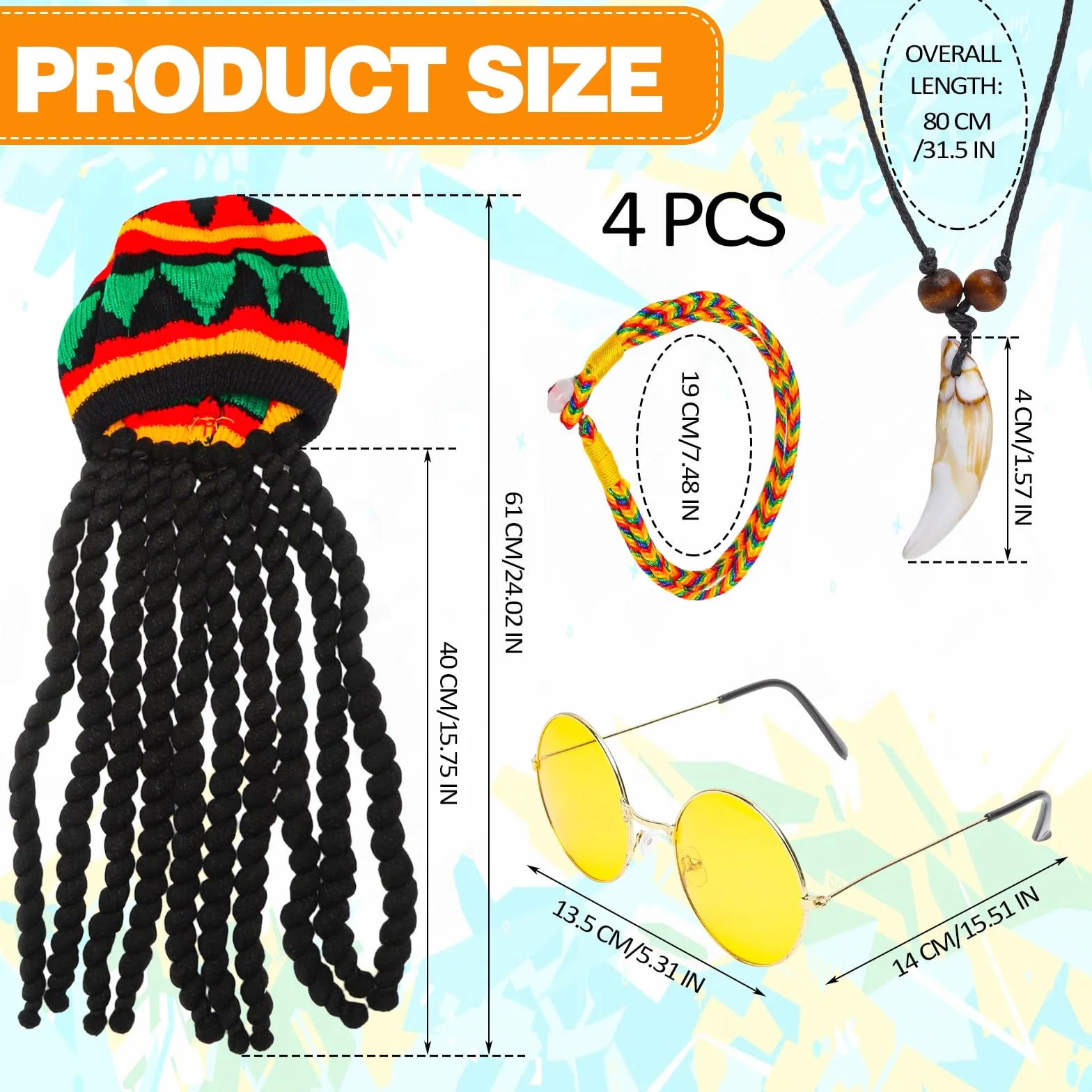 4 sztuki czapek Rasta Dreadlocks, peruka Rasta, styl jamajski, zabawne czapki z dredami, peruka, czapka z włosami, zabawny kostium, maskarada, akcesoria kostiumowe do cosplay