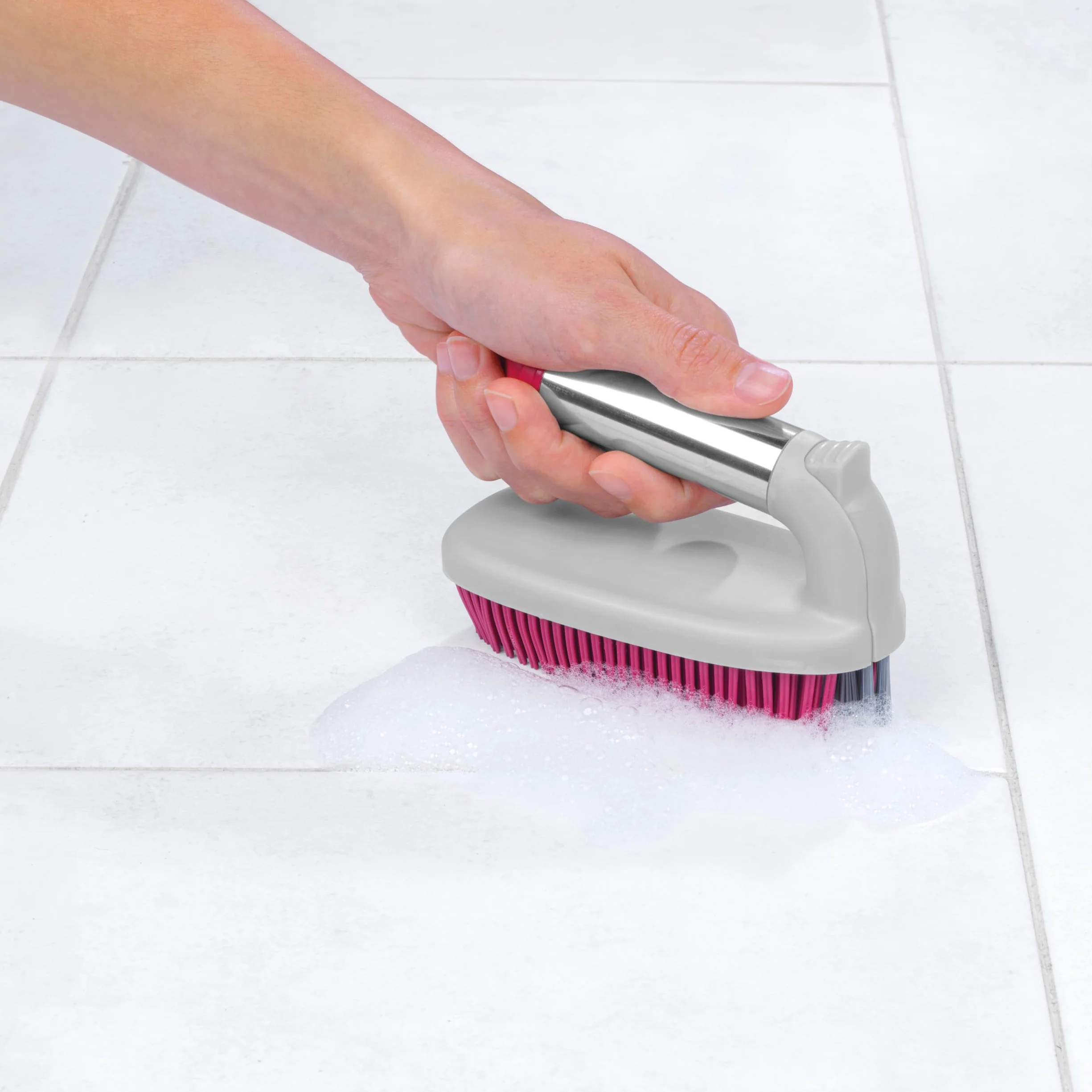Kleeneze KL078957EU7 2 in 1 Rubber Head Scrubbing Brush, Carry Handle for Easy Use, Cleans Dishes/Pots Quickly, Pink/Grey