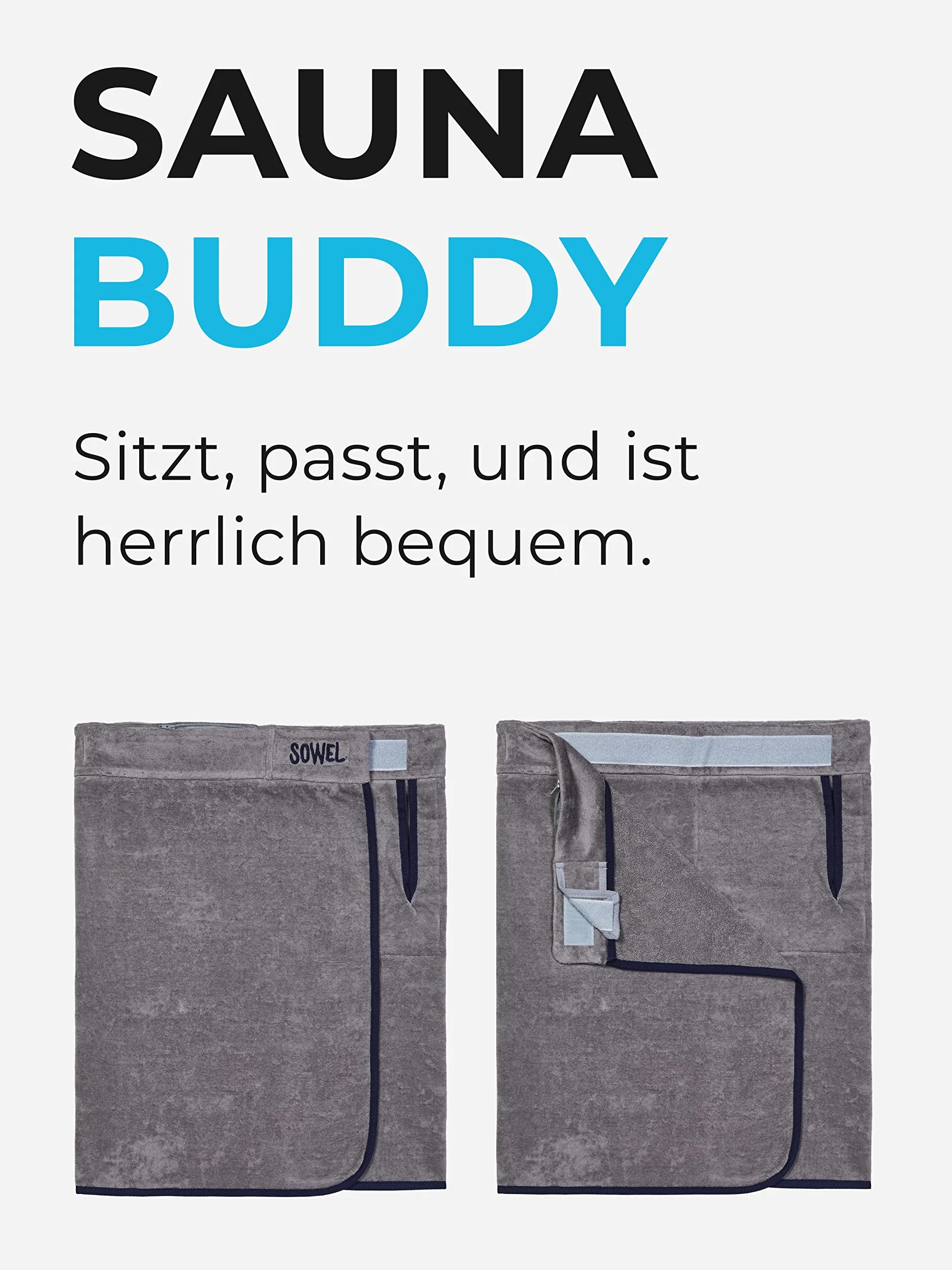 Sowel® Męski kilt do sauny XXL, 100% bawełna ekologiczna, ręcznik do sauny z zapięciem na rzepy, ręcznik do sauny, 60 x 160 cm, szary/granatowy, XXL