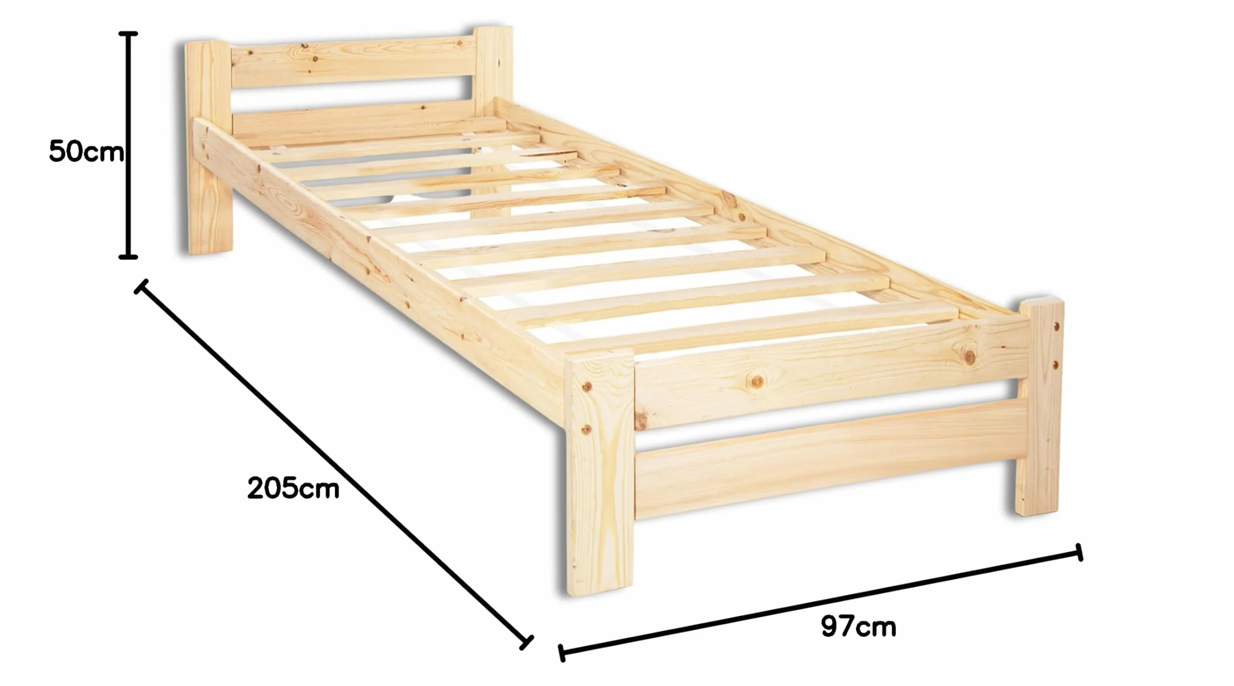SPRINGOS Łóżko pojedyncze 200 x 90 cm z litego drewna ze stelażem