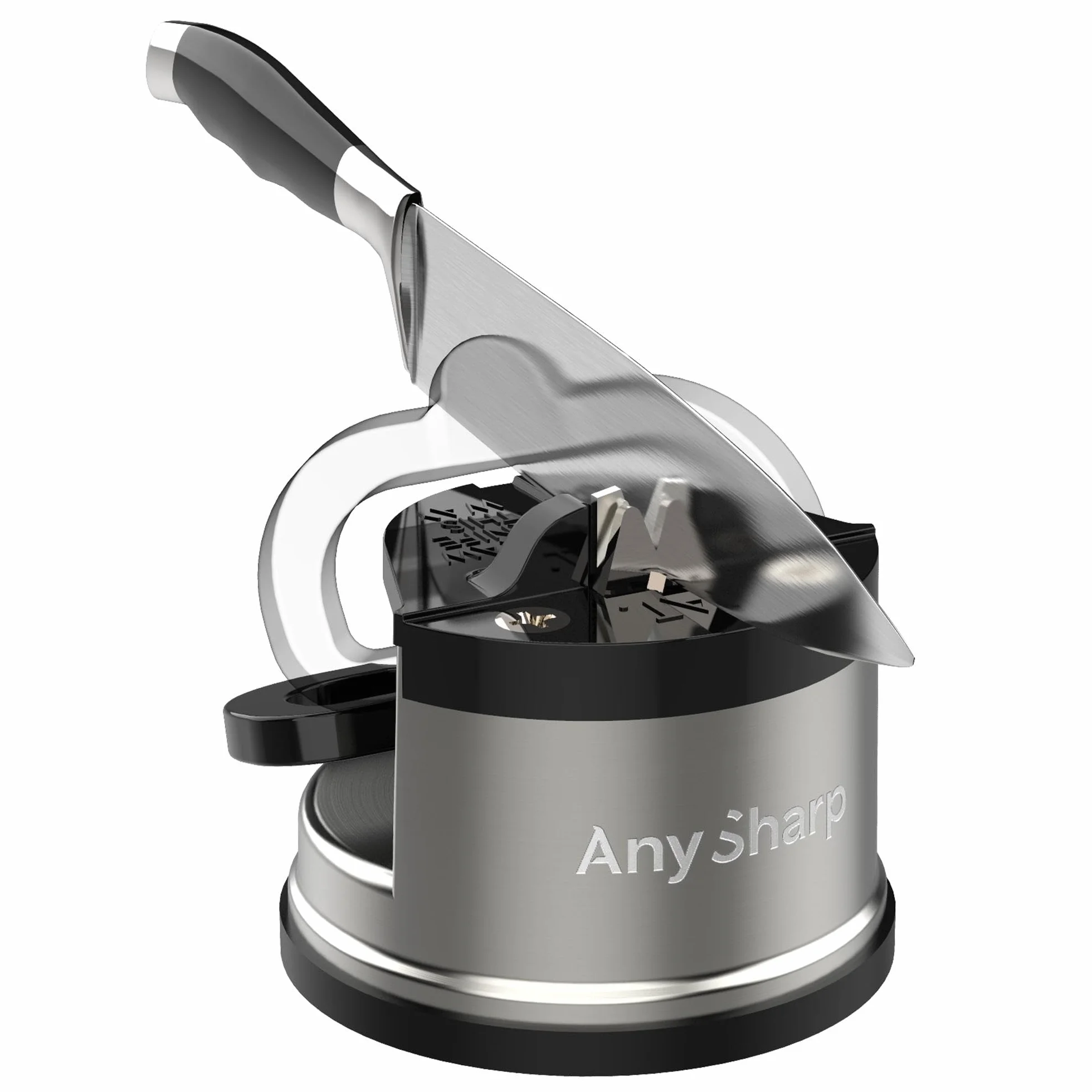 AnySharp Pro Metalowa Ostrzałka do Noży, Bezpieczne Ostrzenie, Stal Hartowana, Ząbkowane, Kompaktowa, Srebrna