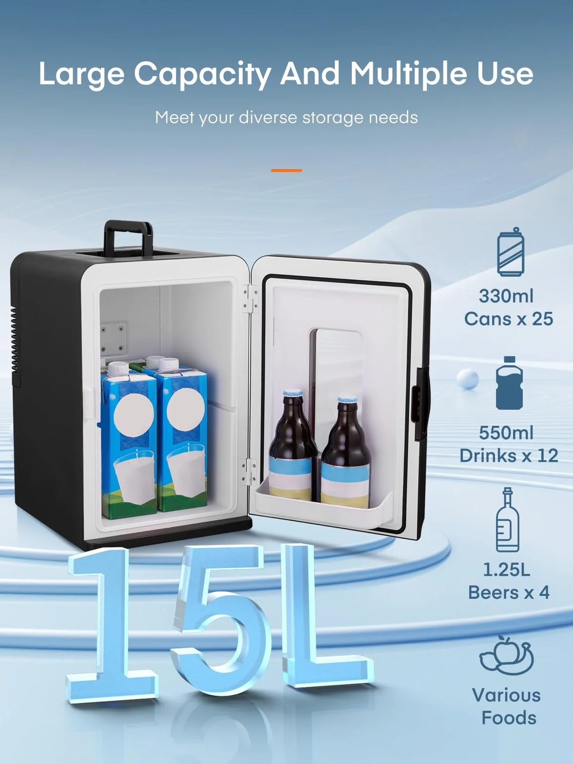 FOHERE Lodówka mini, 15 l / 21 puszek, lodówka mini do domu, 12 V DC/220 V AC, mała lodówka z funkcją utrzymywania temperatury produktów ciepłych/zimnych, napojów, kosmetyków, tryb Max i ECO, Czarny