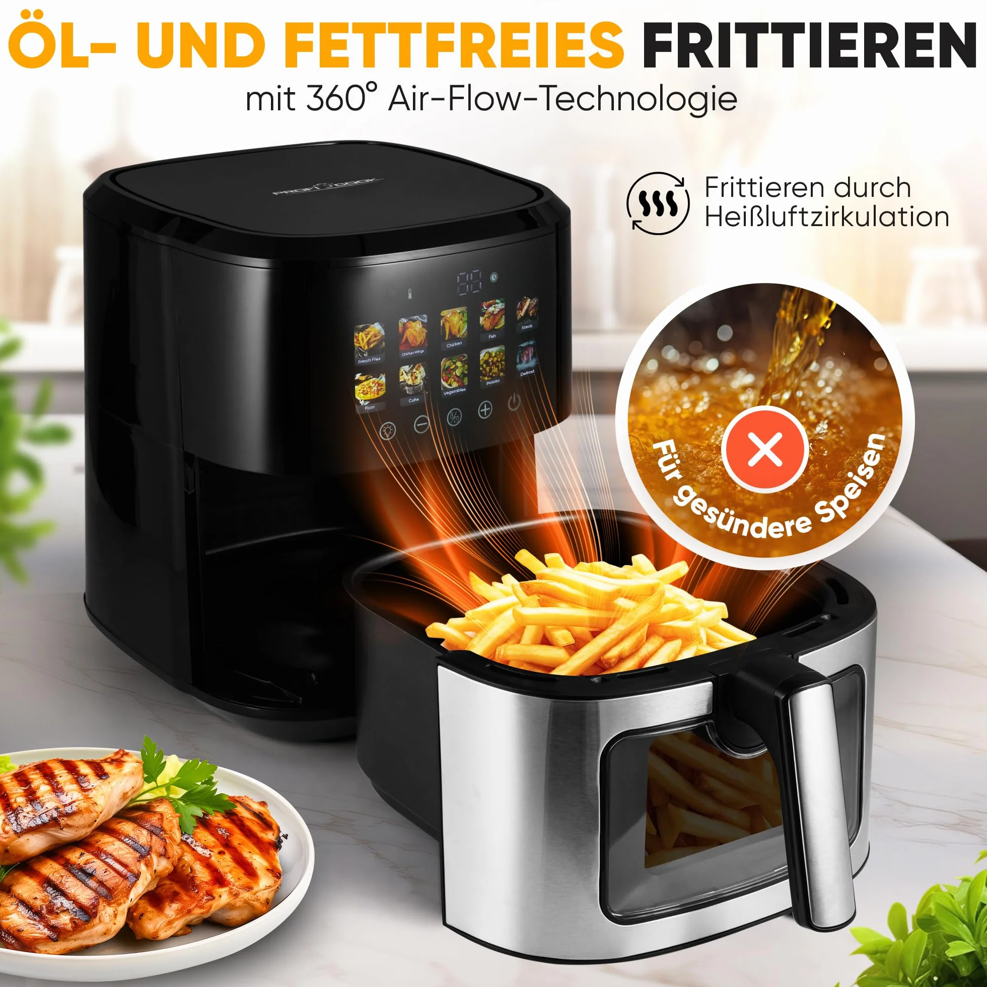 Proficook, Frytownica na gorące powietrze 6,5 l 1700 W PC-FR1286H - ​​Stal nierdzewna, 9 programów automatycznych, Oszczędzanie energii, Automatyczne wyłączanie, Zimny ​​uchwyt