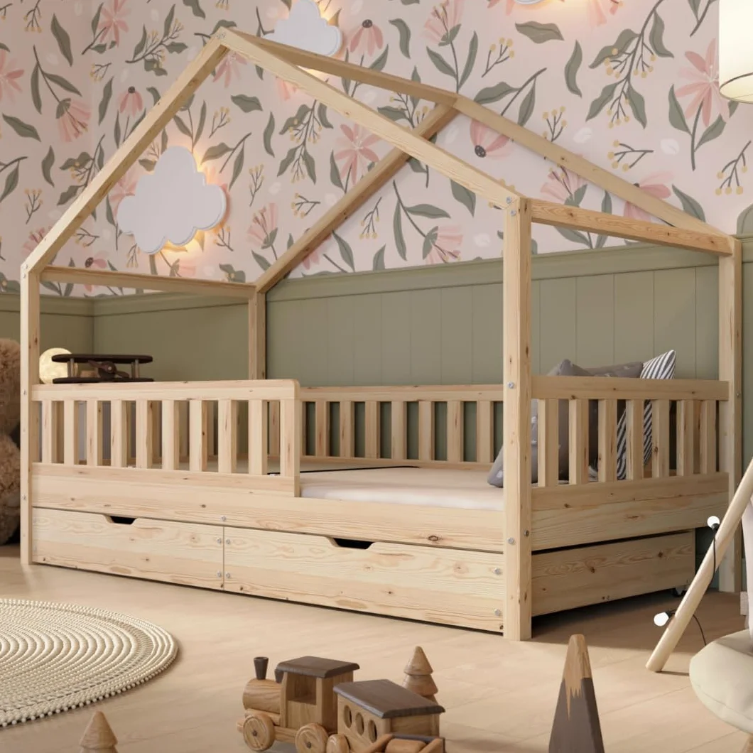 Łóżko domek z szufladami Crazy House 200 x 120 cm – Łóżko dziecięce z naturalnego drewna z odkręcaną barierką – Łóżko Montessori