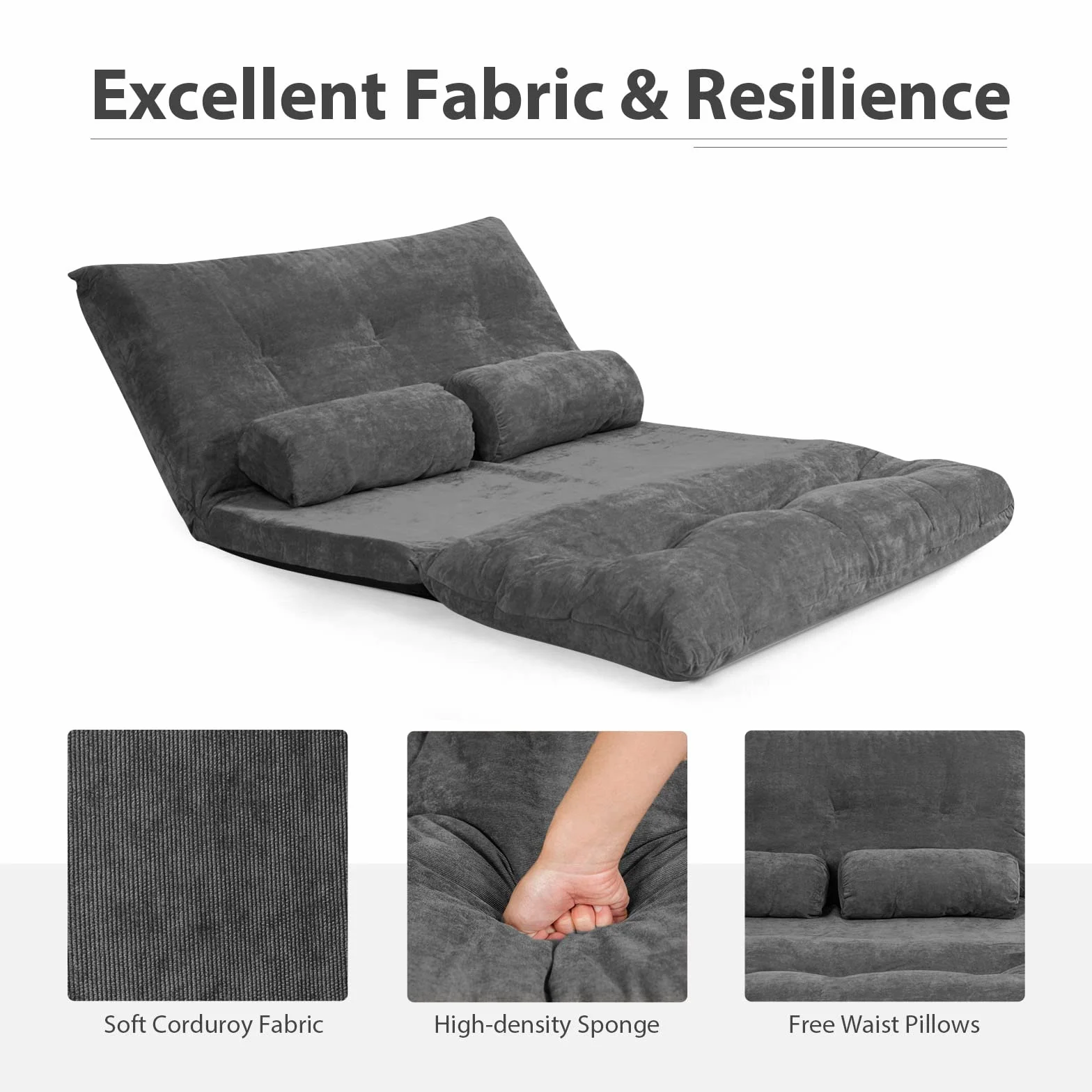LIFEZEAL Sofa do spania 2-osobowa, składana sofa podłogowa, fotel podłogowy, regulowany w 6 pozycjach, poduszka do siedzenia z 2 poduszkami lędźwiowymi, do 150 kg, składana sofa do salonu (kolor szary