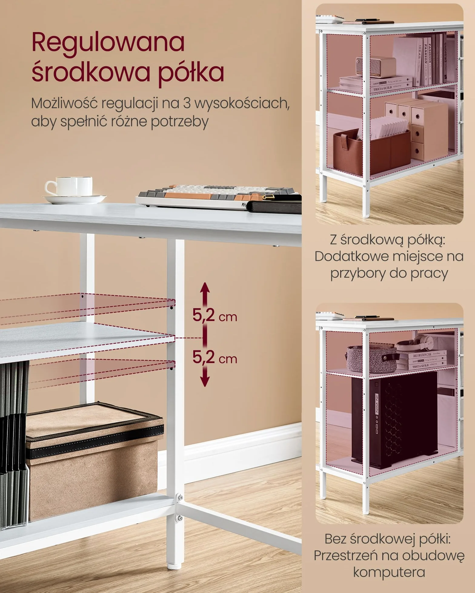 VASAGLE Biurko komputerowe narożne L 135 x 105 cm klon biały LWD098W01