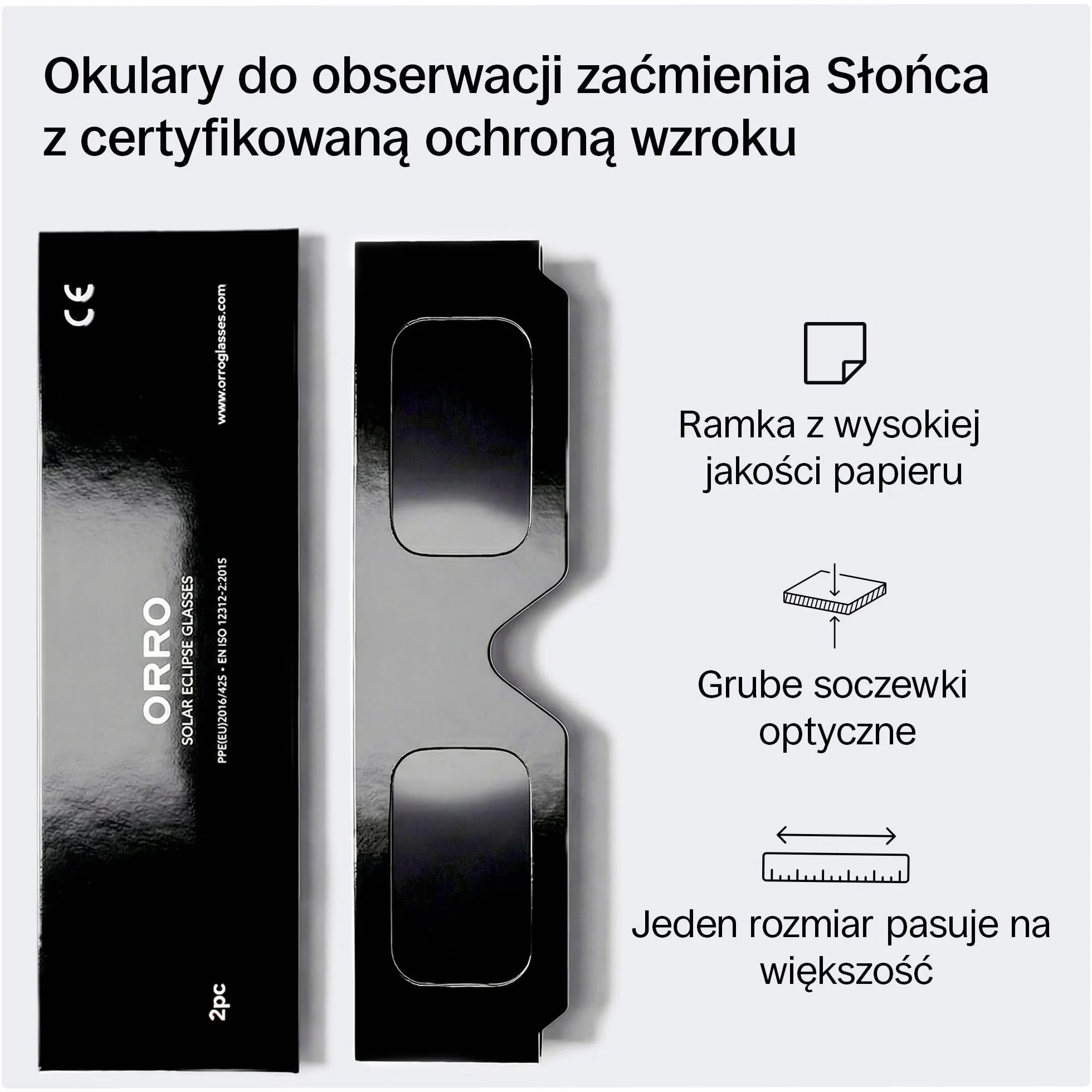 ORRO Classic Okulary do Zaćmienia Słońca 2 Sztuki na 12 Sierpnia 2026, Certyfikowana Ochrona Oczu, EN ISO 12312-2:2015 Testowane, Oznakowane CE do Bezpiecznego Obserwowania Słońca
