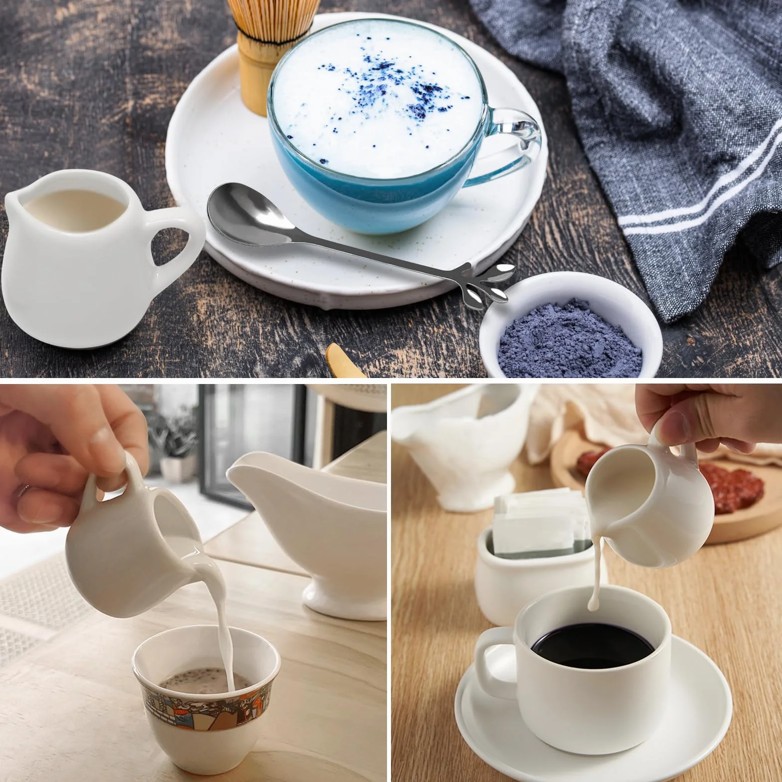 6 szt białe ceramiczne mini dzbanki na mleko 50ml, mini dzbanki do nalewania mleka, małe białe dzbanki na sos z łyżką do mleka, kawy, sosu, sosu, dzbanuszka do śmietanki, pojemnik na syrop