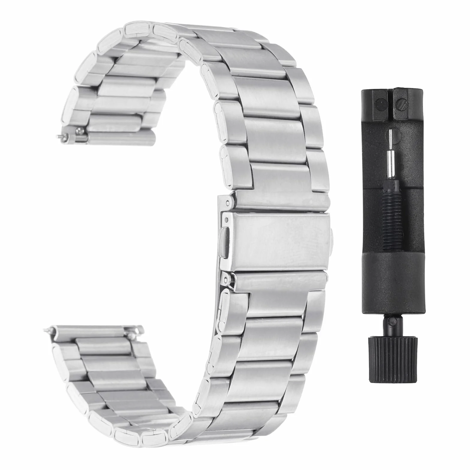 QUARKZMAN 20 mm paski do zegarków ze stali nierdzewnej z metalowym zapięciem motylkowym z metalową powłoką z solidną stalą łańcuchową Quick Release z adapterem Silver Tone