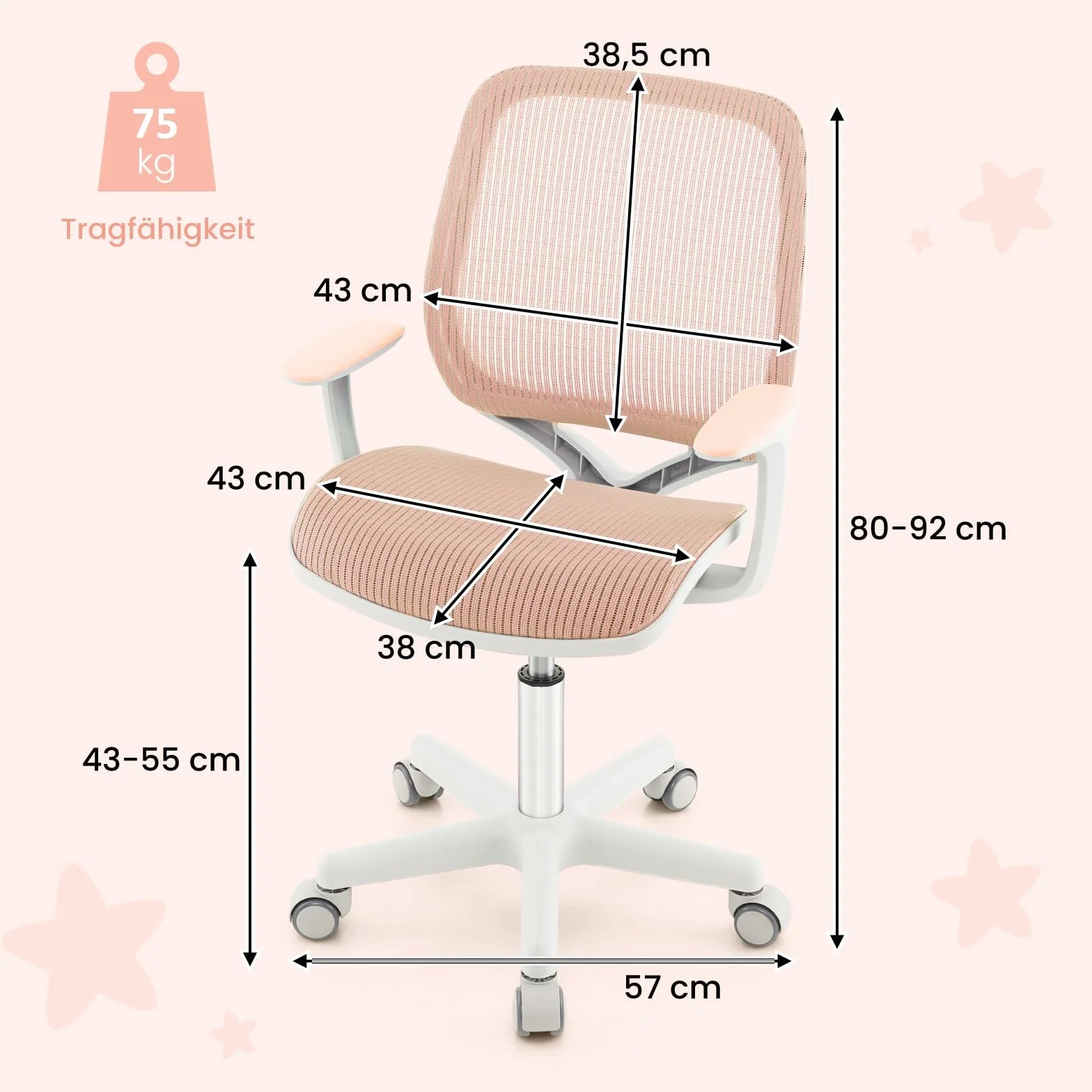 COSTWAY Dziecięce Krzesło Biurowe Obrotowe 360° z Regulacją Wysokości 43-55 cm, Ergonomiczne Krzesło Młodzieżowe z Podłokietnikami i Kółkami, Stabilne i Komfortowe