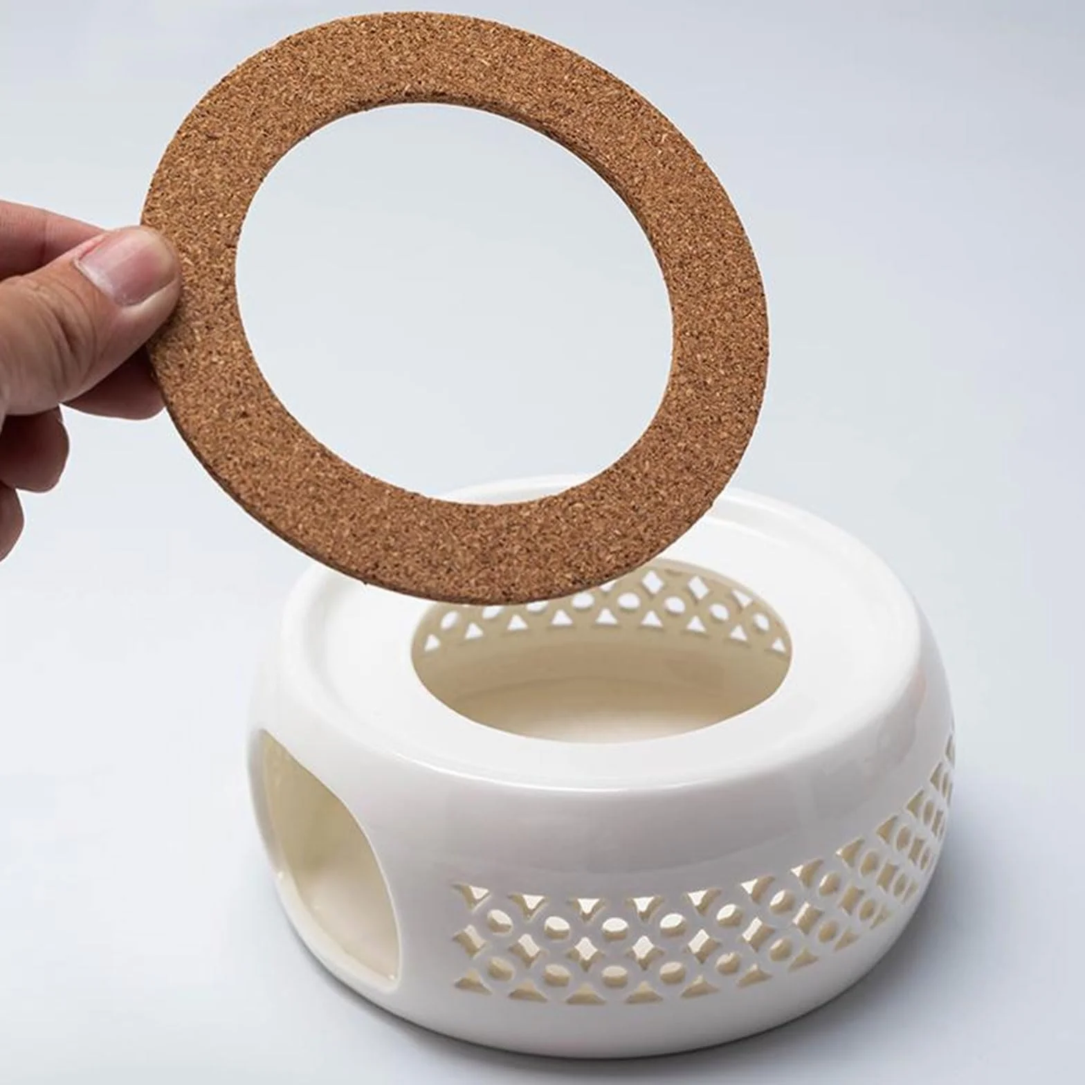 Ceramiczny podgrzewacz do czajnika z podkładką z korka, biały, z łyżeczką