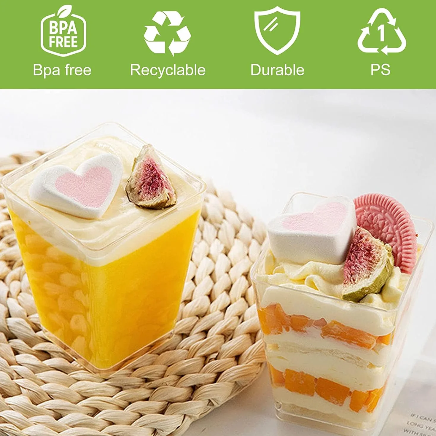 Kubki deserowe plastikowe 50 sztuk 150ml wielokrotnego użytku z łyżeczkami kwadratowe