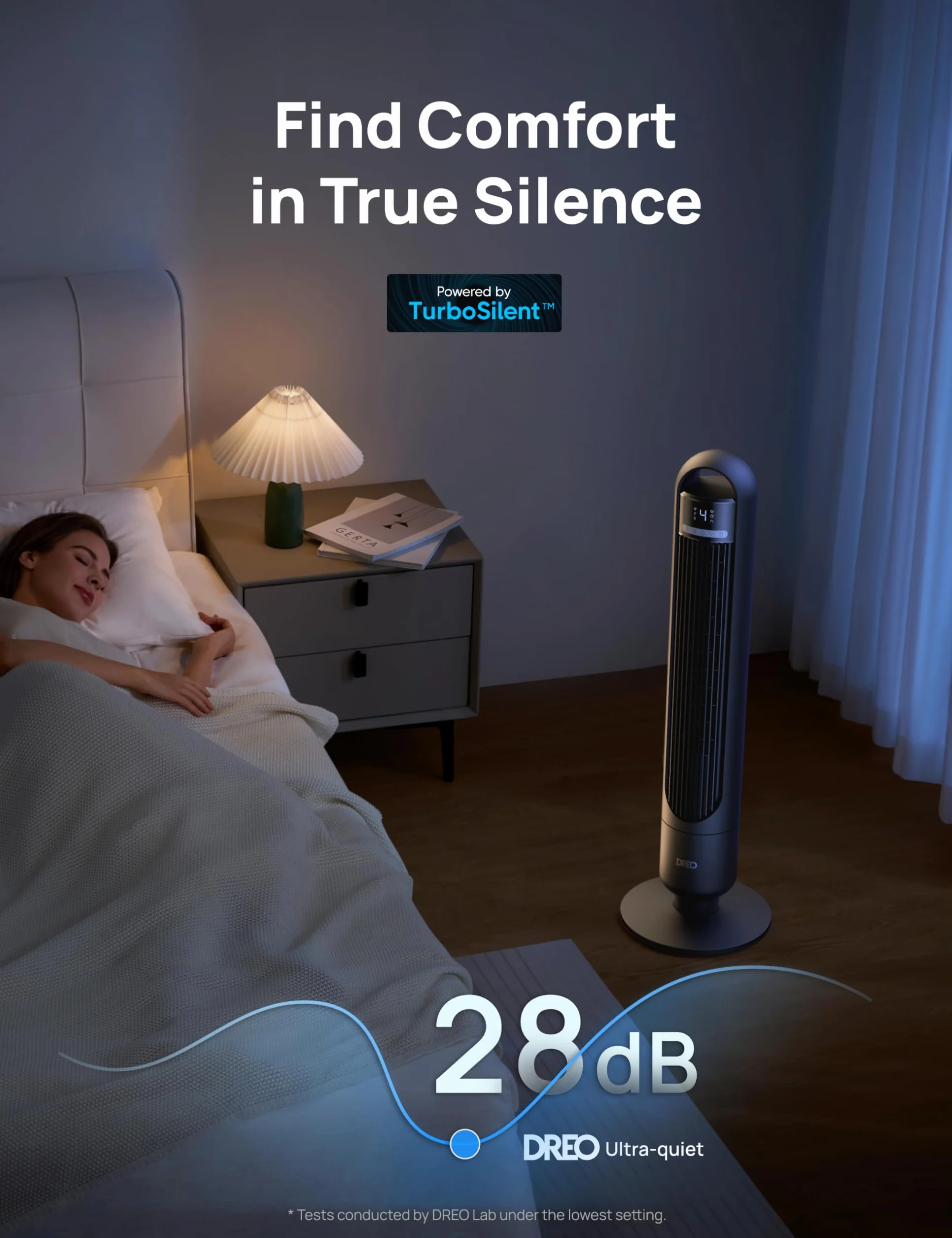 Dreo Cichy wentylator wieżowy 23dB 9,8m 4 prędkości 3 tryby 8h timer 90° oscylacja czarny