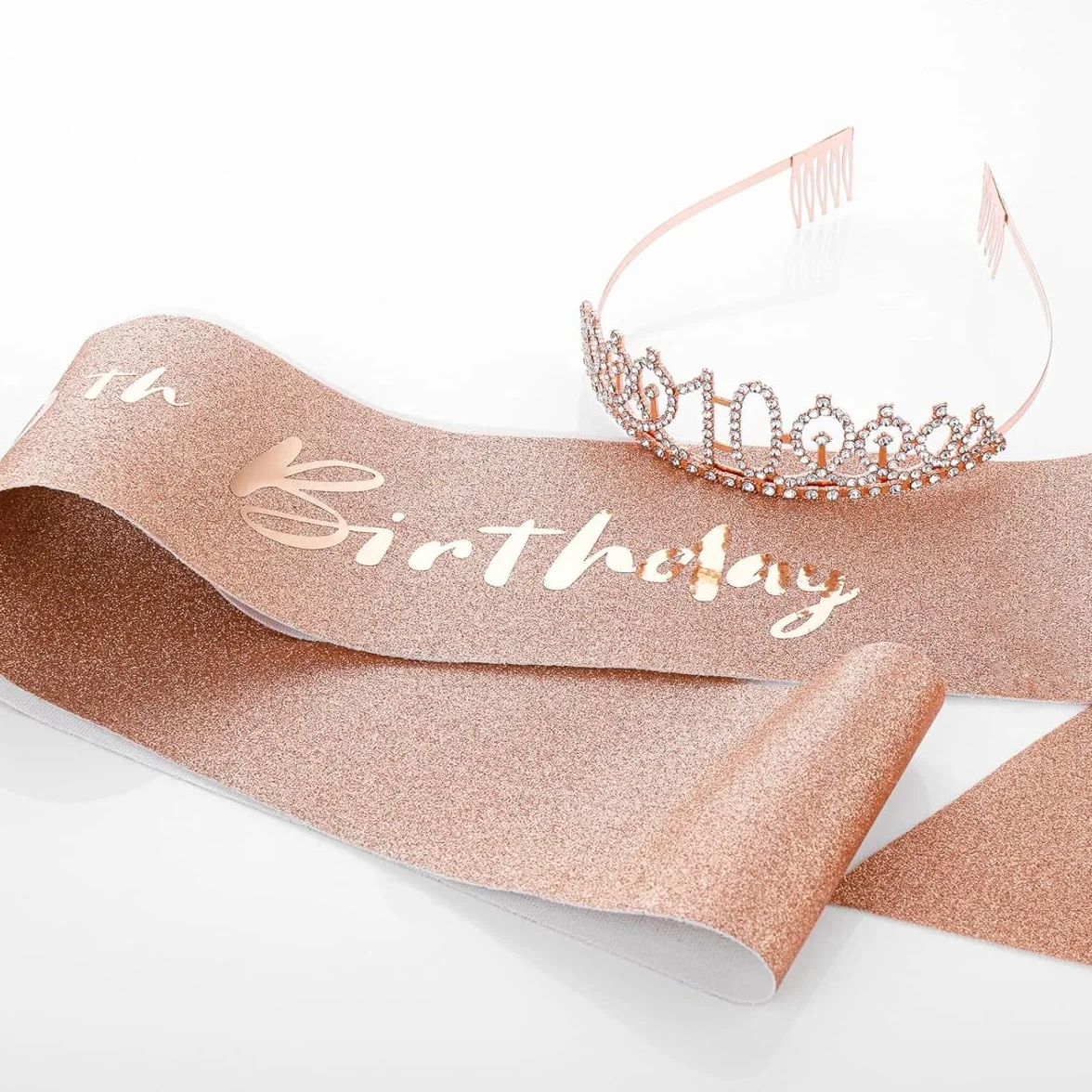 Zestaw tiara i szarfa dla dziewcząt na 10. urodziny – korona ze strasu w kolorze różowego złota i brokatowa szarfa "It's My 10th Birthday", regulowane dekoracje urodzinowe księżniczki, upominki na