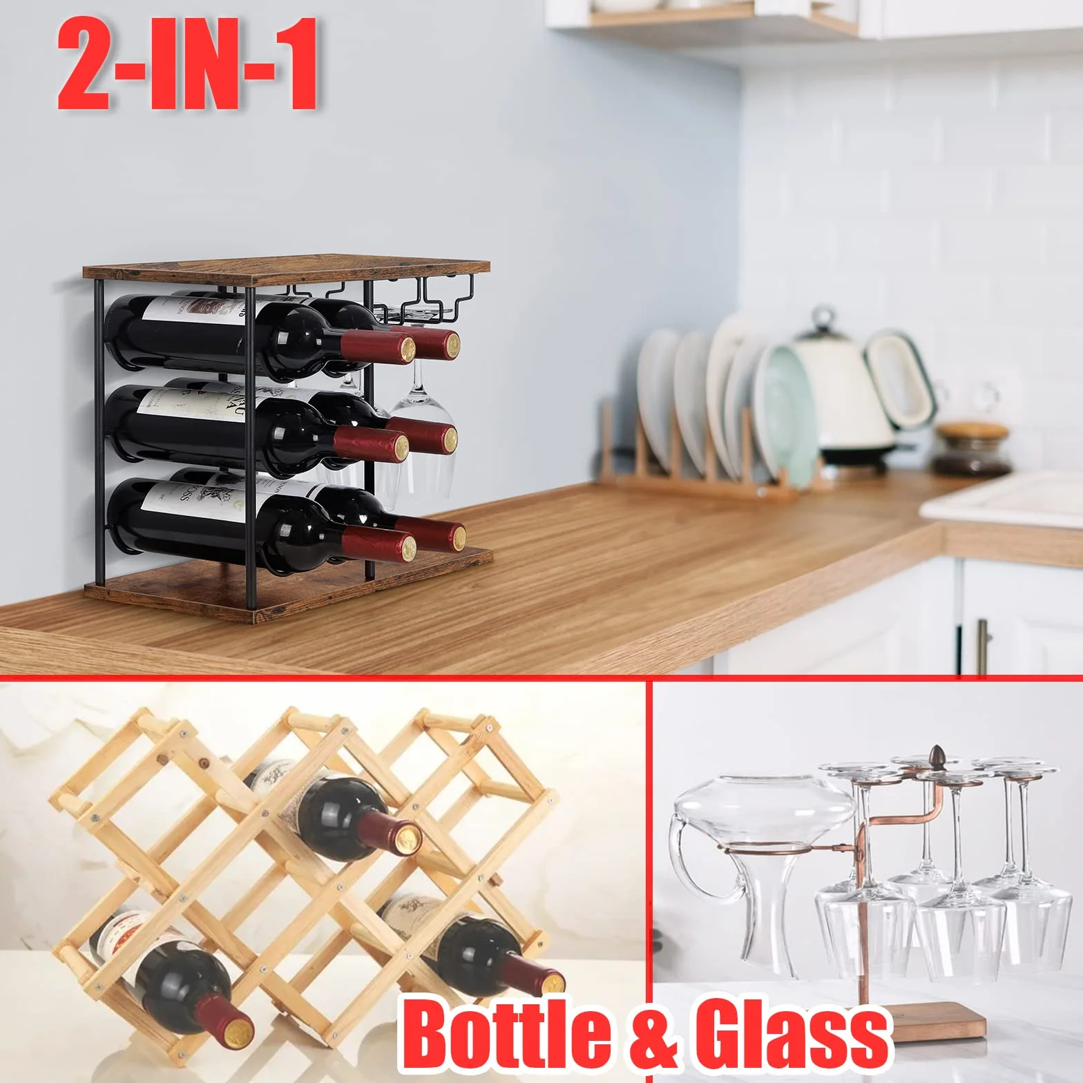 LIANTRAL Stojak na wino na blacie na 6 butelek i 4 kieliszki, wolnostojący