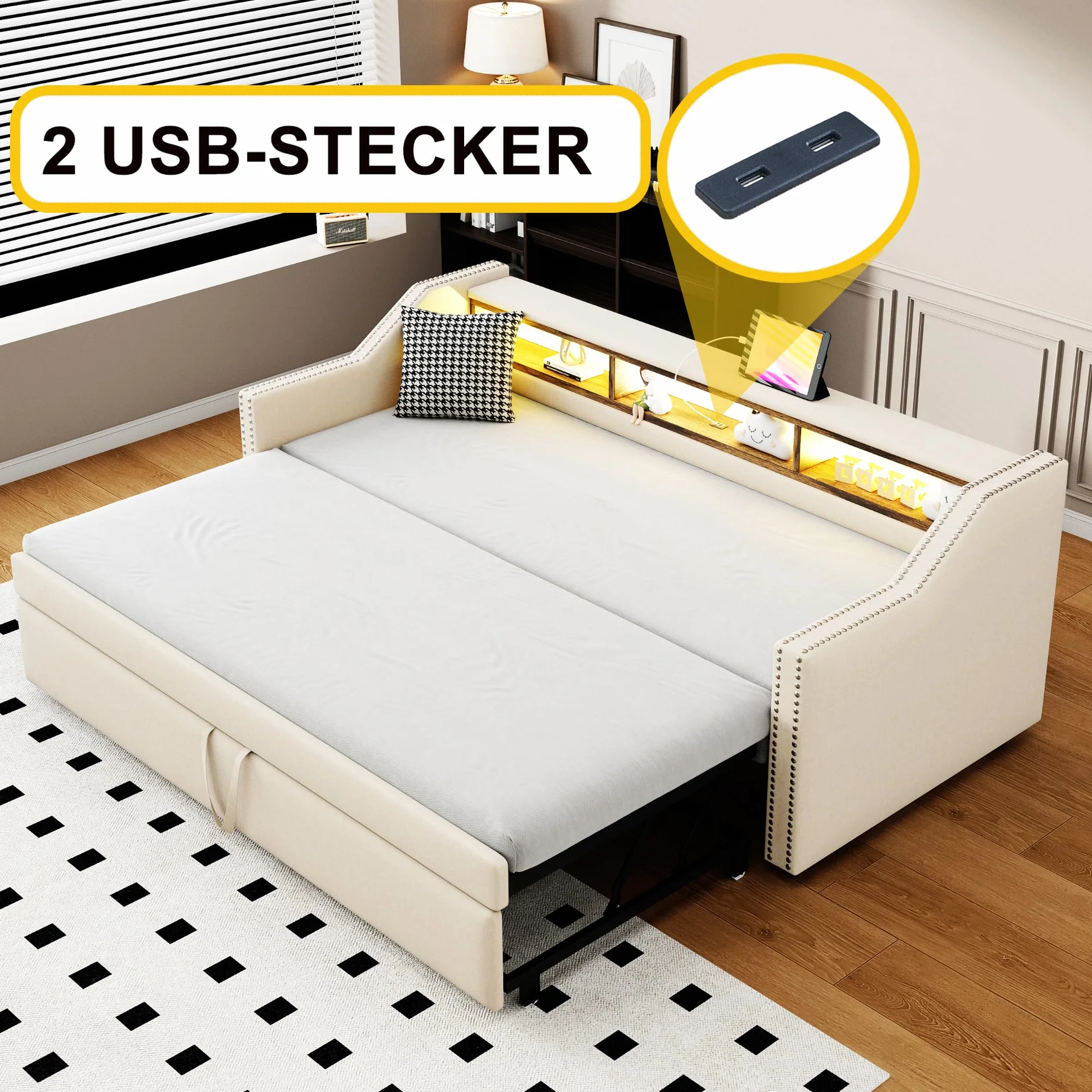 Łóżko dzienne 90/180 x 190 cm z łóżkiem dla gości, rozkładane na tę samą wysokość, sofa z funkcją spania dla 2 osób, len (beżowe)
