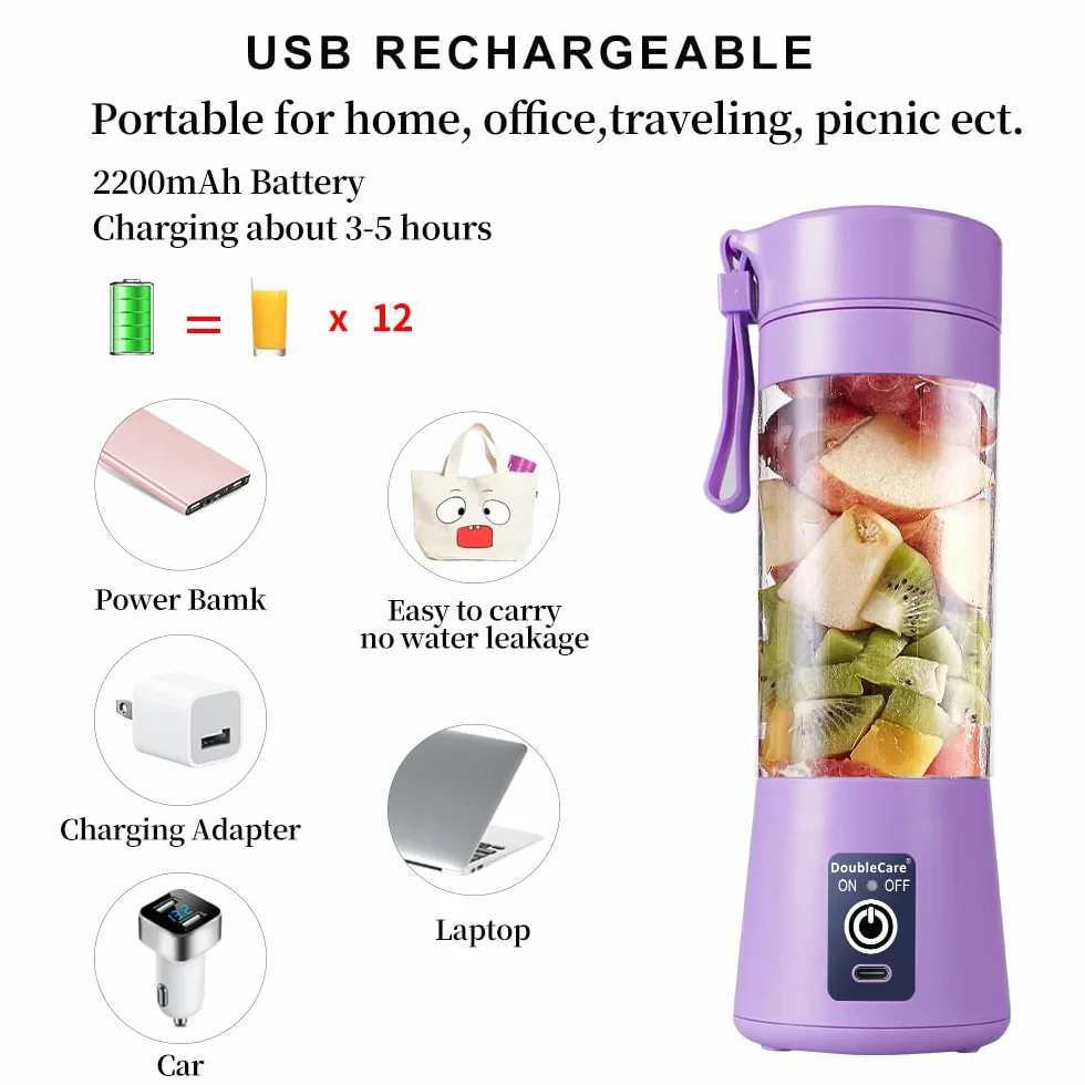 Przenośny blender USB 380 ml, sześć ostrzy, jasnofioletowy