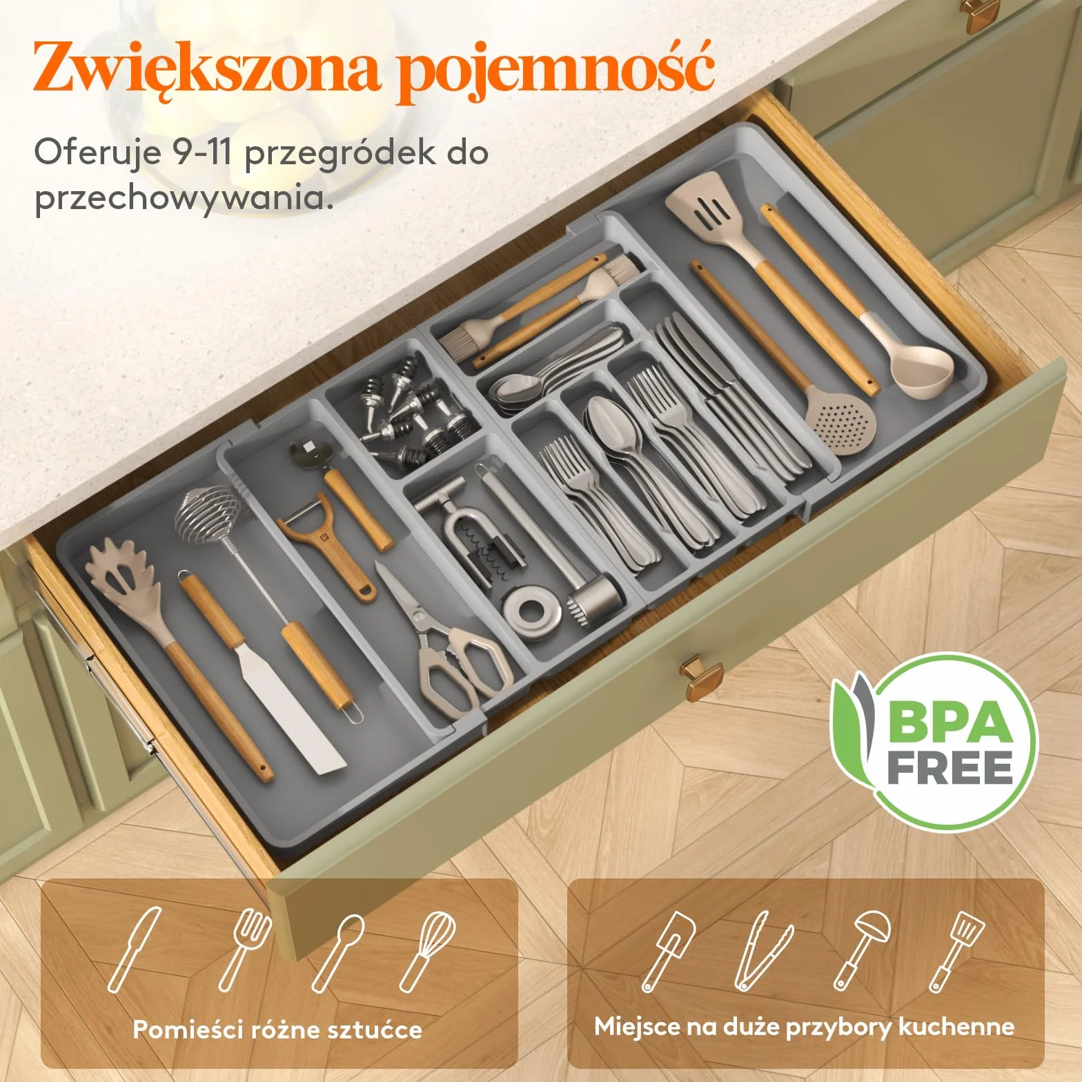 Lifewit Duży Organizator Szuflad Srebrnych, Plastikowa Taca na Naczynia do Kuchni, Rozszerzalna od 45.1cm do 91.4cm, Regulowana Płaska Łyżka na Nóż Widelcowy Uchwyt na Gadżety, Szary