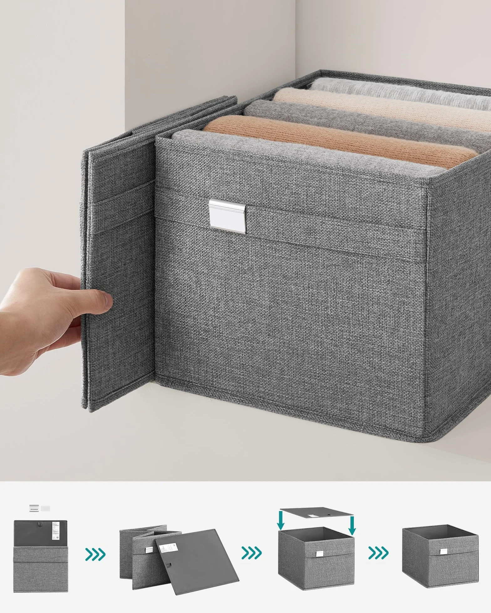 SONGMICES ROB240G04 Organizery do przechowywania, 40 x 30 x 25 cm, 2 uchwyty, składane, tkanina Oxford i tkanina o wyglądzie lnu, zmywalne, metalowe uchwyty na etykiety, szary Dove Grey