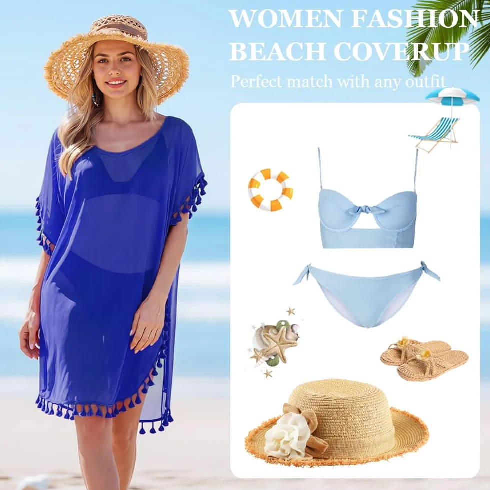 DiULi Bikini Cover up, koszule i zawijane damskie, sukienki plażowe, letnie szyfonowe szal, plastyczne, eleganckie koszule plażowe z frędzlami, luźny styl, lub kołnierz, jeden rozmiar