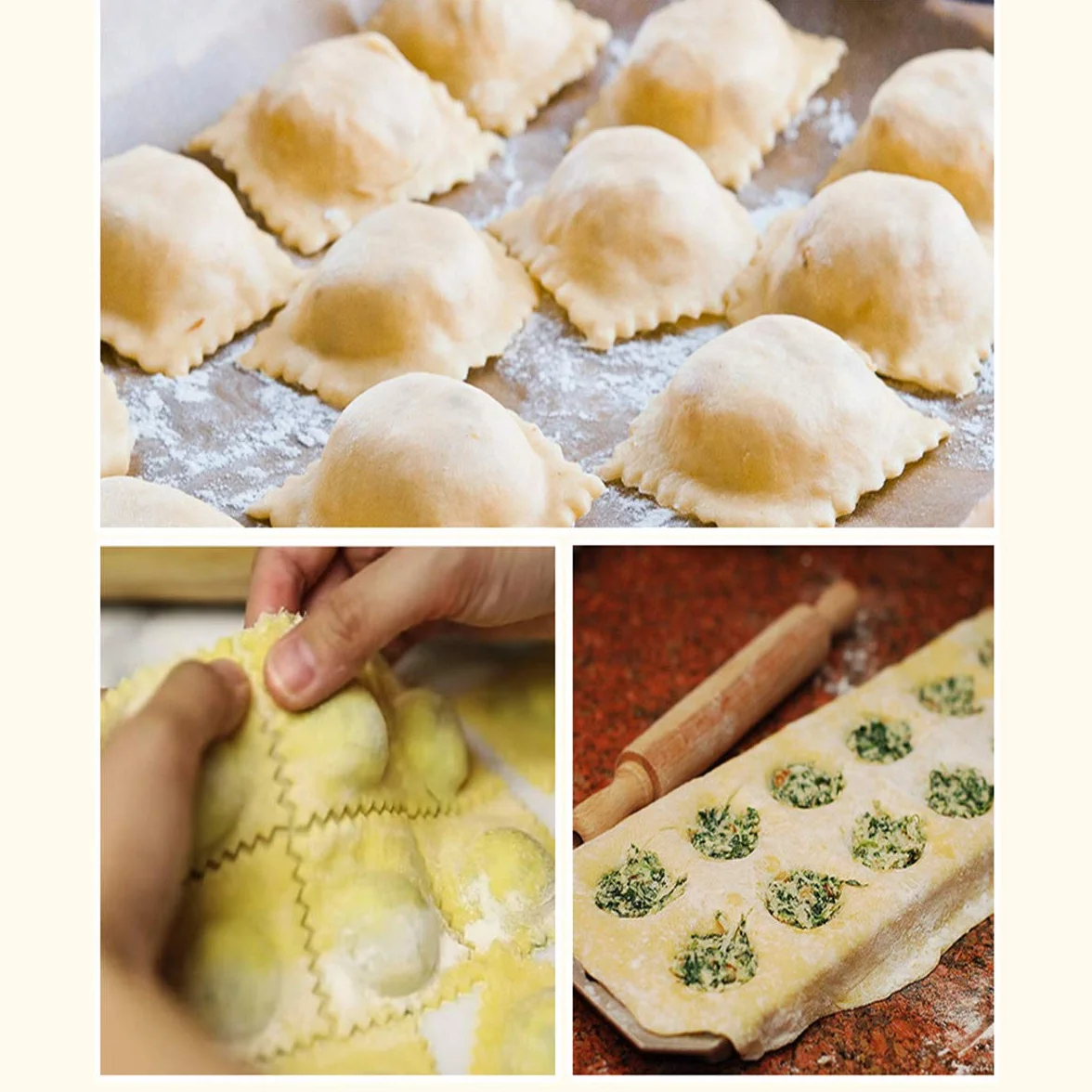 Queta Foremka do Ravioli i Tortelini 2 Formy Okrągłe Kwadratowe z Wałkiem do Ciasta