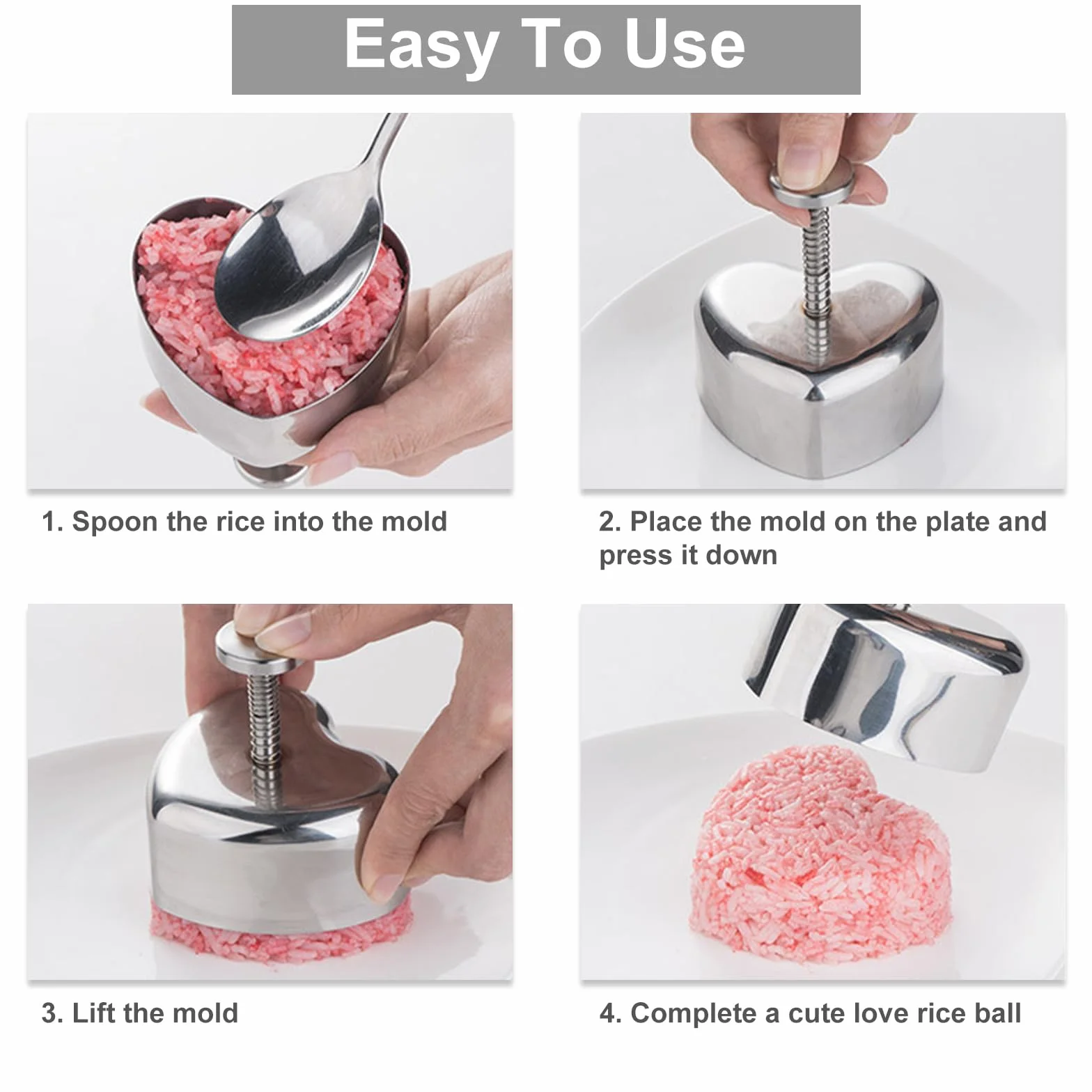 Onigiri foremka do sushi Maker Onigiri Mold, forma do sushi w kształcie serca, forma do robienia kulek ryżowych, stal nierdzewna Onigiri Maker forma do sushi i łyżka do ryżu do samodzielnego wykonania
