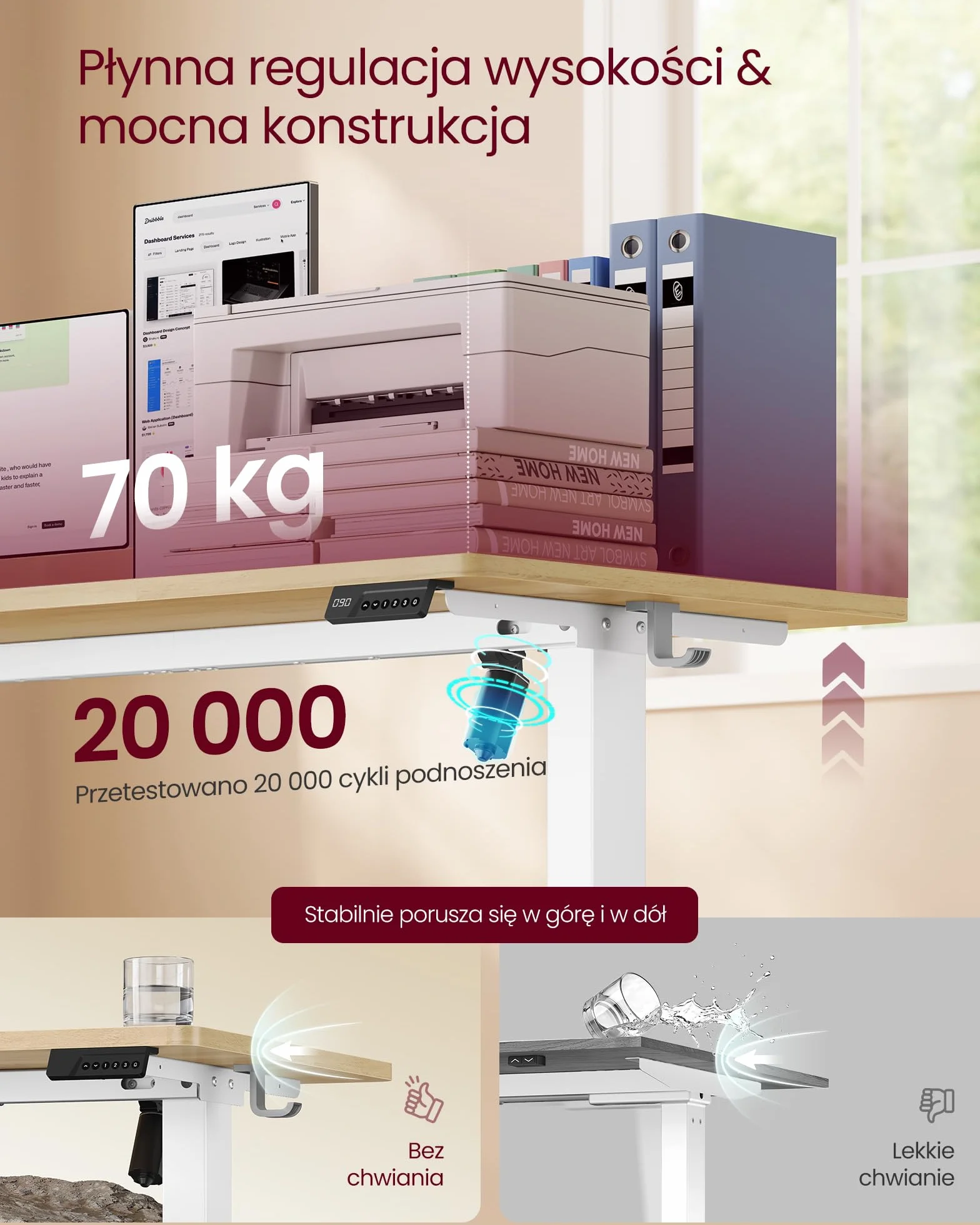 VASAGLE biurko z regulacją wysokości 120 x 60 cm złoty dąb funkcja pamięci 4 wysokości