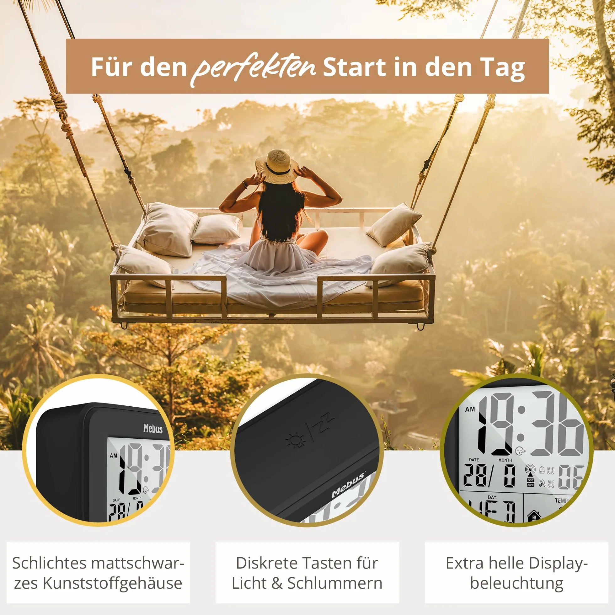 MEBUS Digitaler Funk-Wecker mit Thermometer Beleuchtung Kalender Schwarz Modell 25595