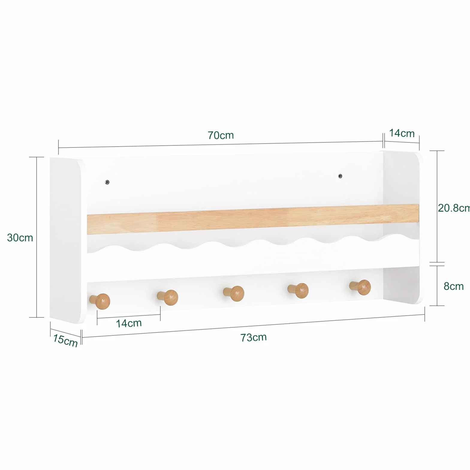 SoBuy KMB78-W Regał dla Dzieci Półka ścienna Gablota Regał Półka Loftowa Szafki 5 haczyków 73x15x30 cm