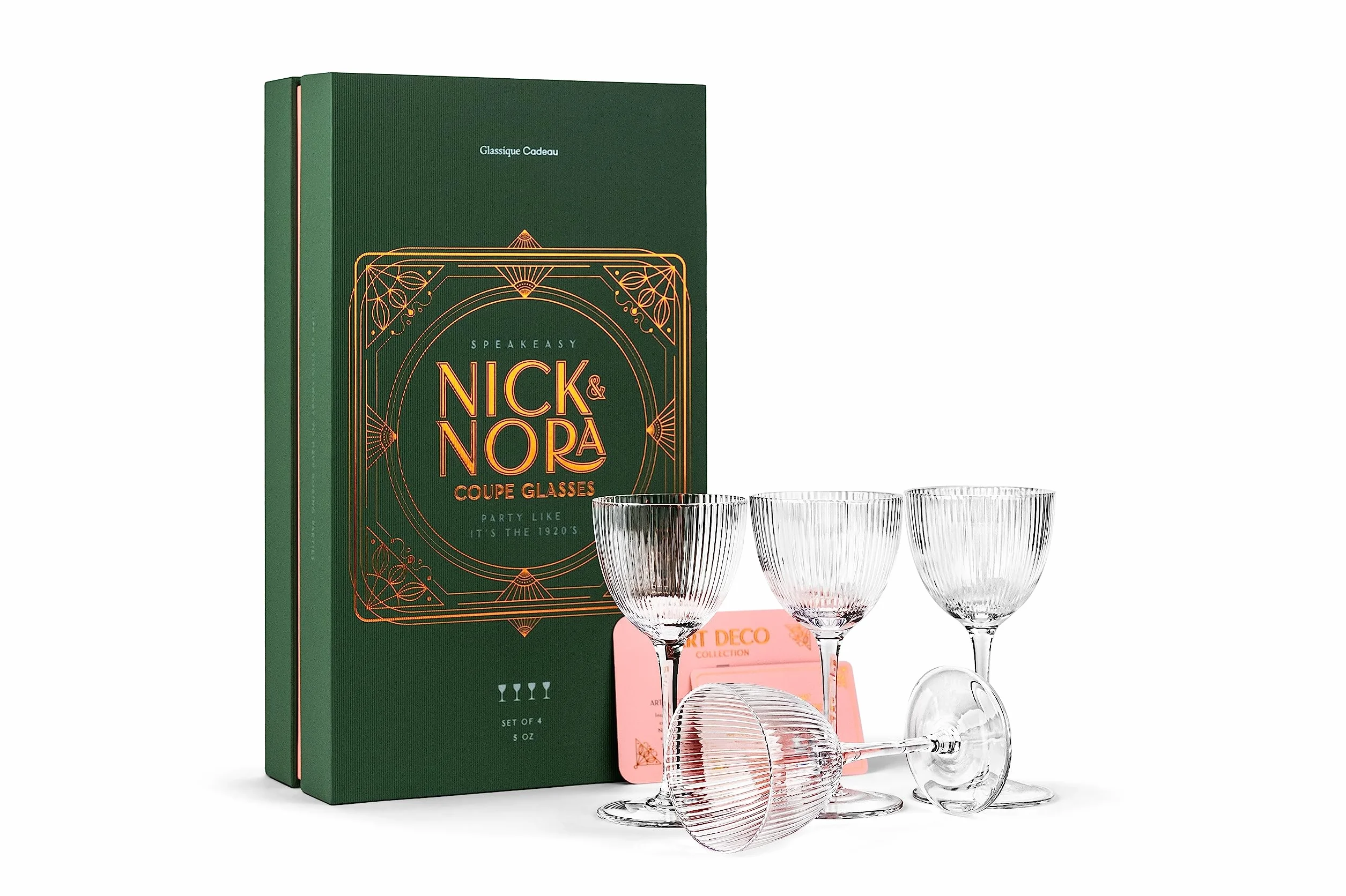 GLASSIQUE CADEAU Kieliszki Nick and Nora Coupe w stylu vintage, art deco, zestaw 4 sztuk, 150 ml, kryształowe, prążkowane kieliszki ginowe koktajlowe do picia klasycznych napojów barowych, retro