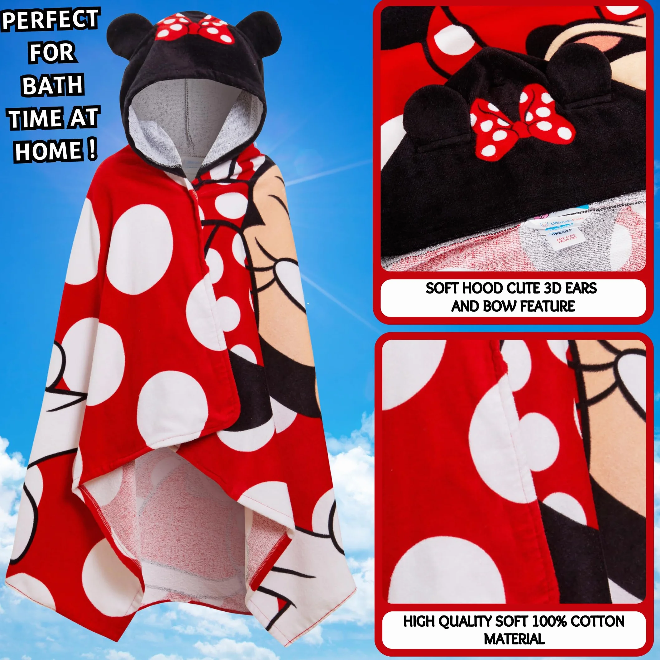 Disney Myszka Minnie ręcznik z kapturem 100% bawełna ponczo plażowy kąpielowy dla dzieci