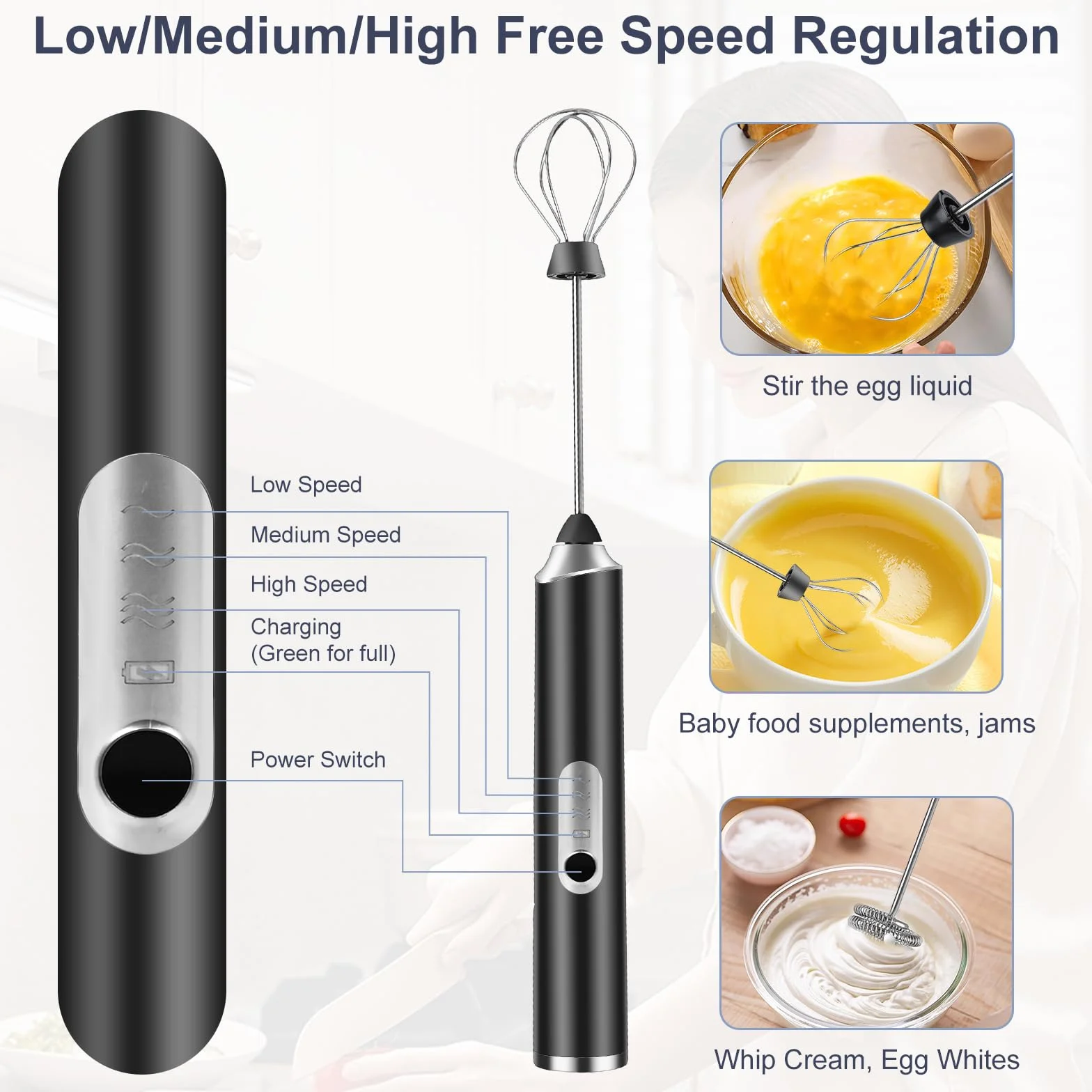 Weinsamkeit Rechargeable USB Milk Frother, elektryczne mleko Frother z 3 głowicami rurkowymi, regulowany mini whisk z 3 prędkościami, mini elektryczne jajka Whisk do kawy, Matcha, Latte, Cappuccino