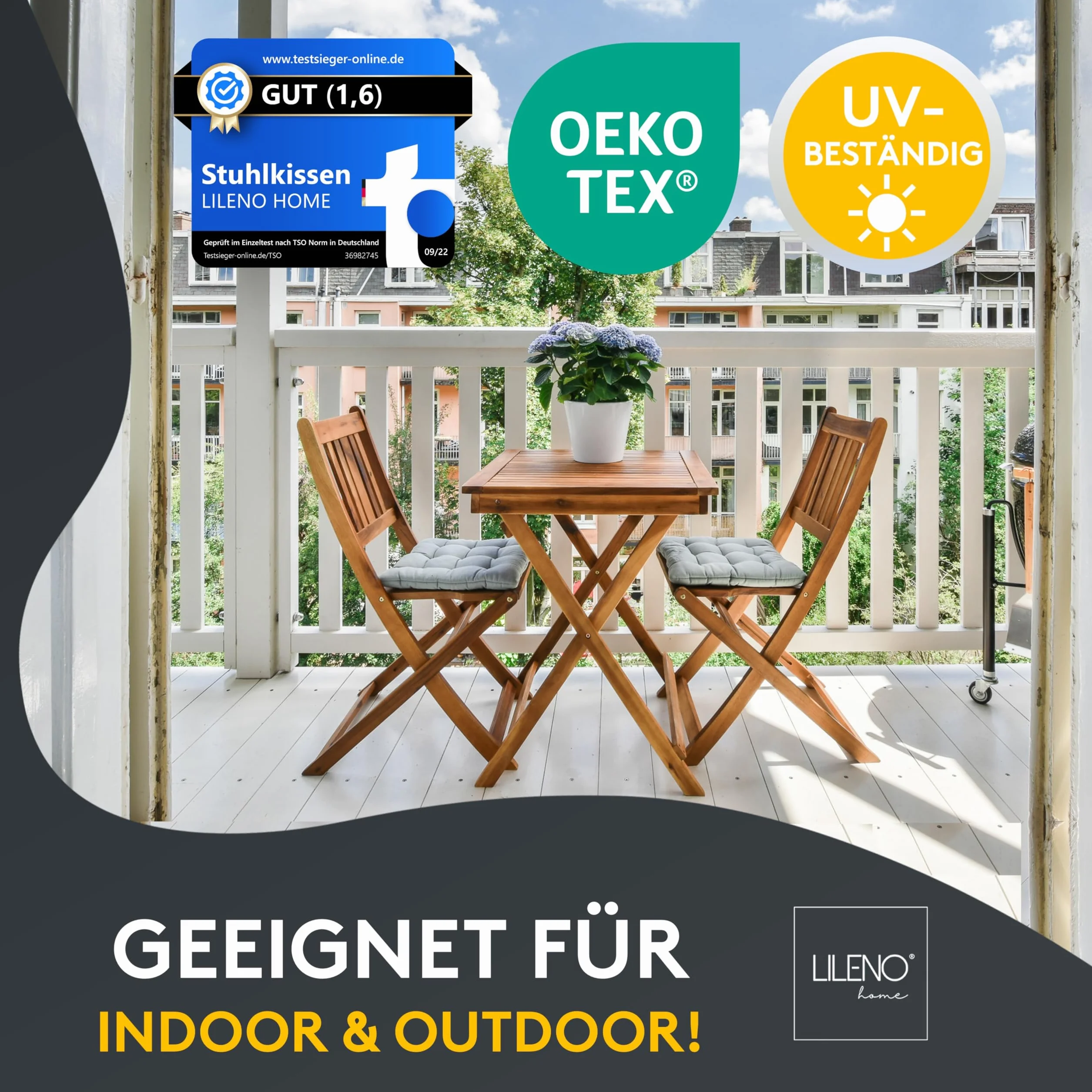 LILENO HOME Zestaw 4 poduszek na krzesło, czarne (38 x 38 x 8 cm) – poduszka do siedzenia na krzesło ogrodowe, do kuchni lub jadalni – wygodna, odporna na promieniowanie UV, do użytku wewnątrz i na